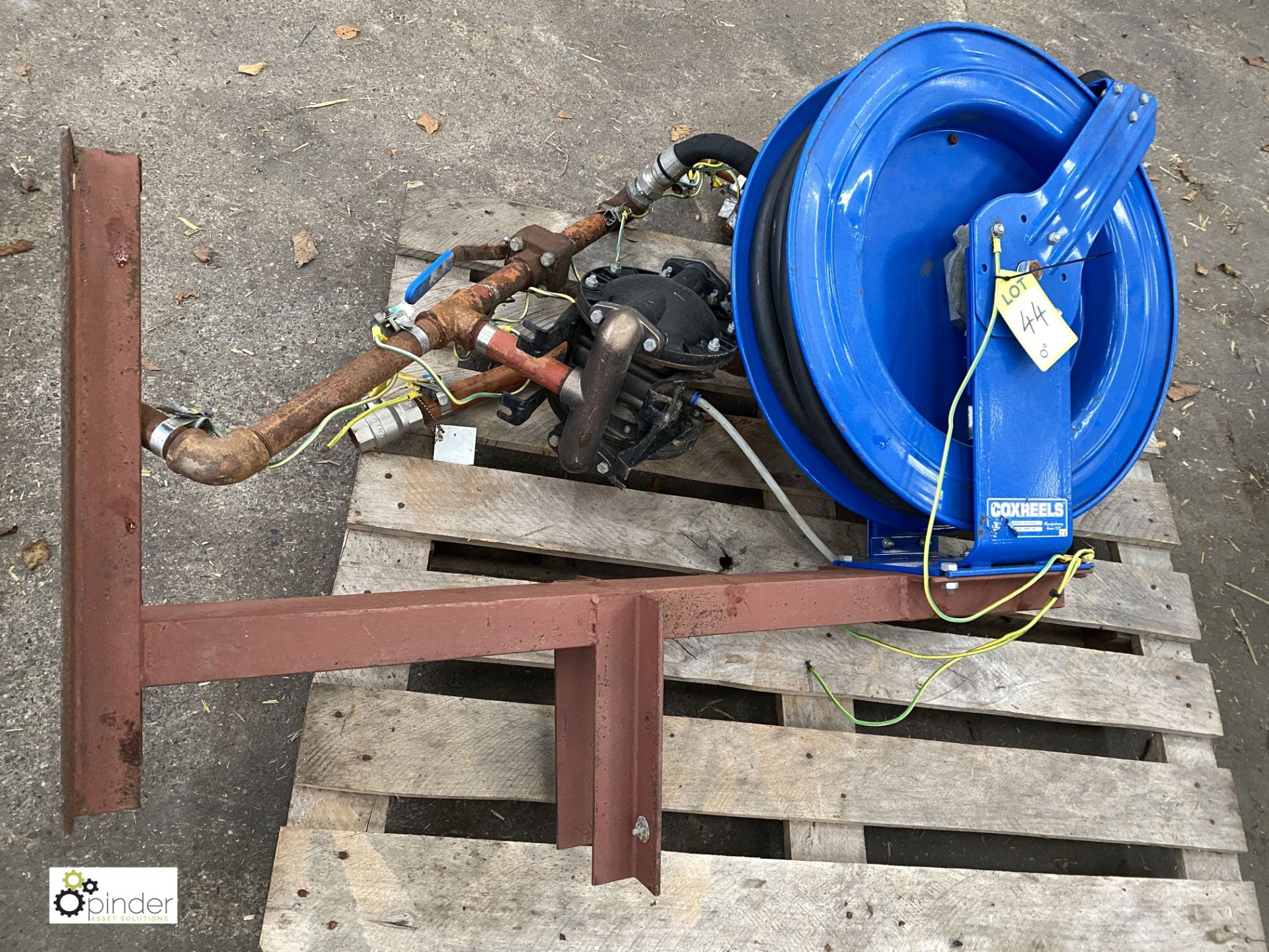 Coxreels Hose Reel, Hose and fabricated Stand (please note this lot has a lift out fee of £5 plus
