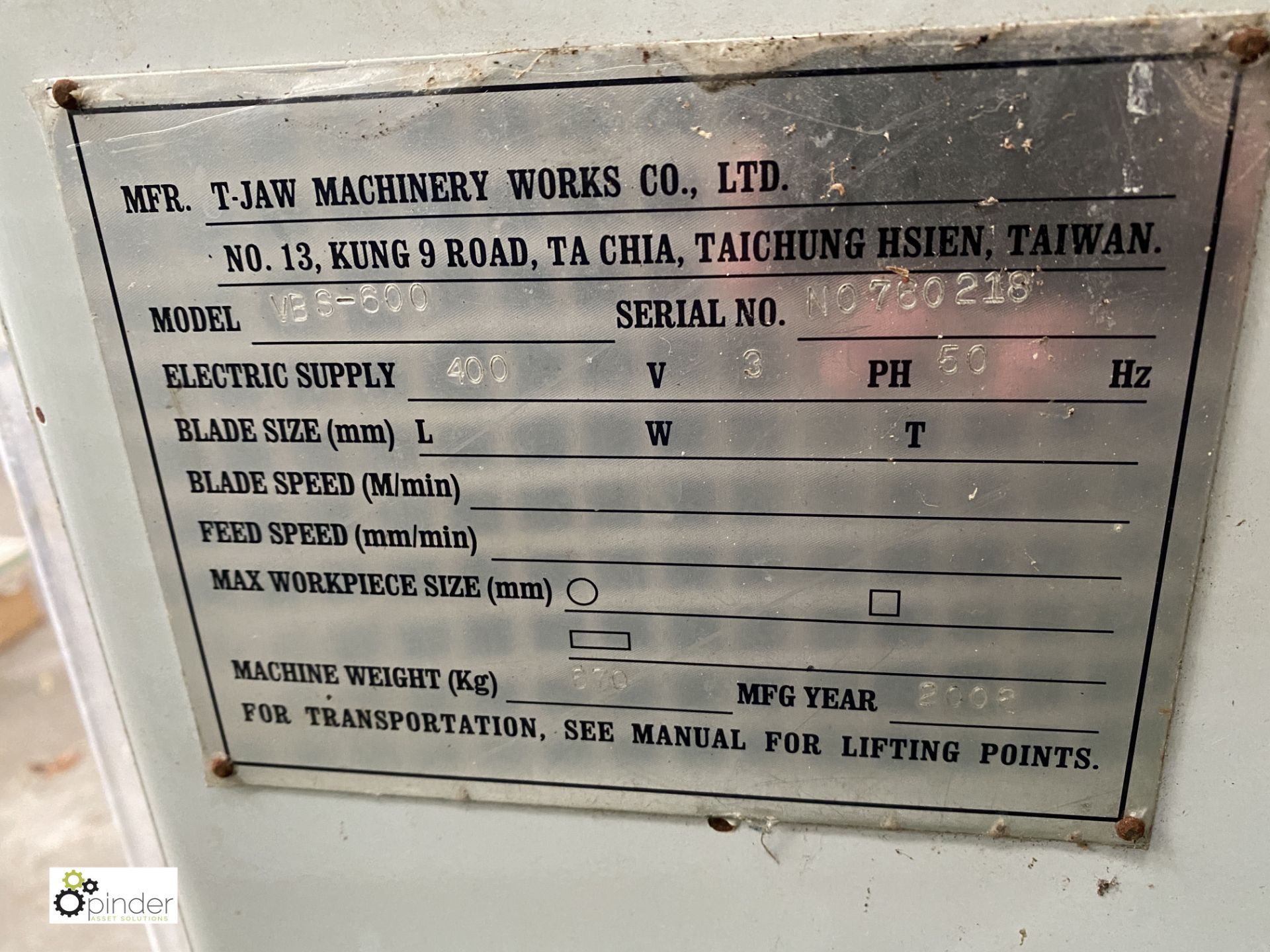 T-Jaw Machinery VBS-600 Vertical Bandsaw, 600mm throat, 400volts, with Blade Welder and Blade - Image 6 of 7