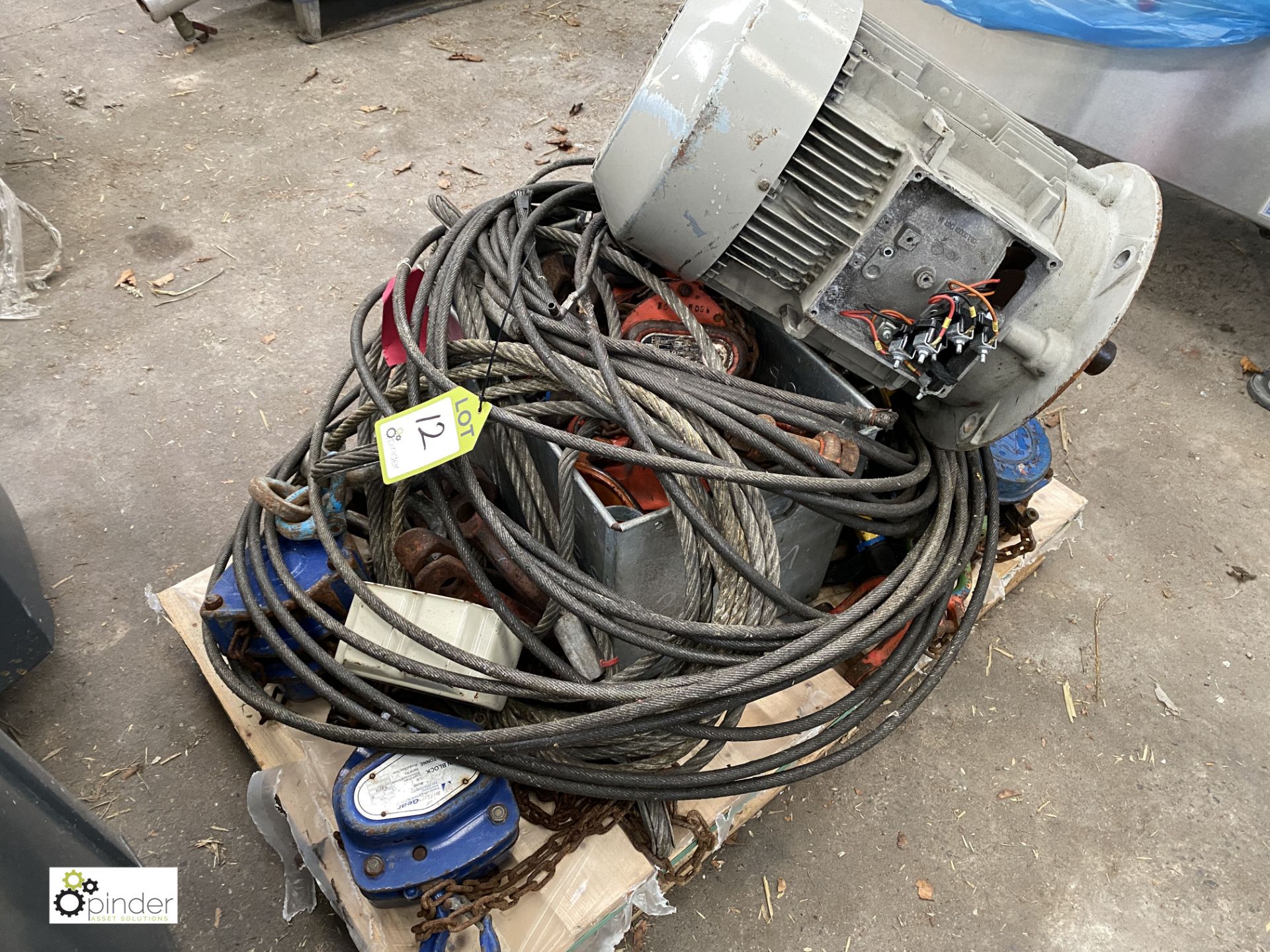 Pallet various manual Chain Hoists, Wire Rope, Grab and electric Motor (please note this lot has a