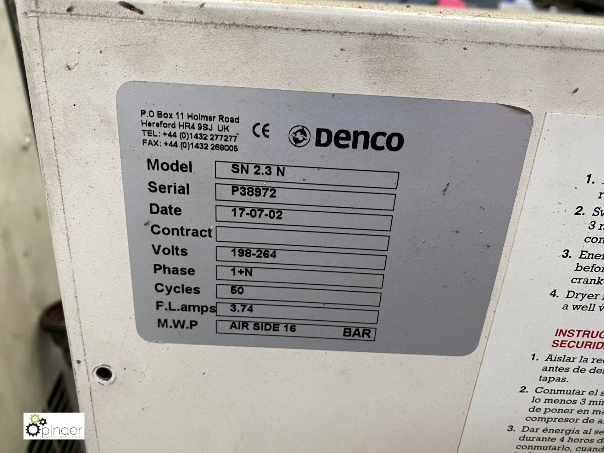Denco SN2.3N Compressed Air Dryer, 240volts (please note this lot has a lift out fee of £5 plus - Image 2 of 2