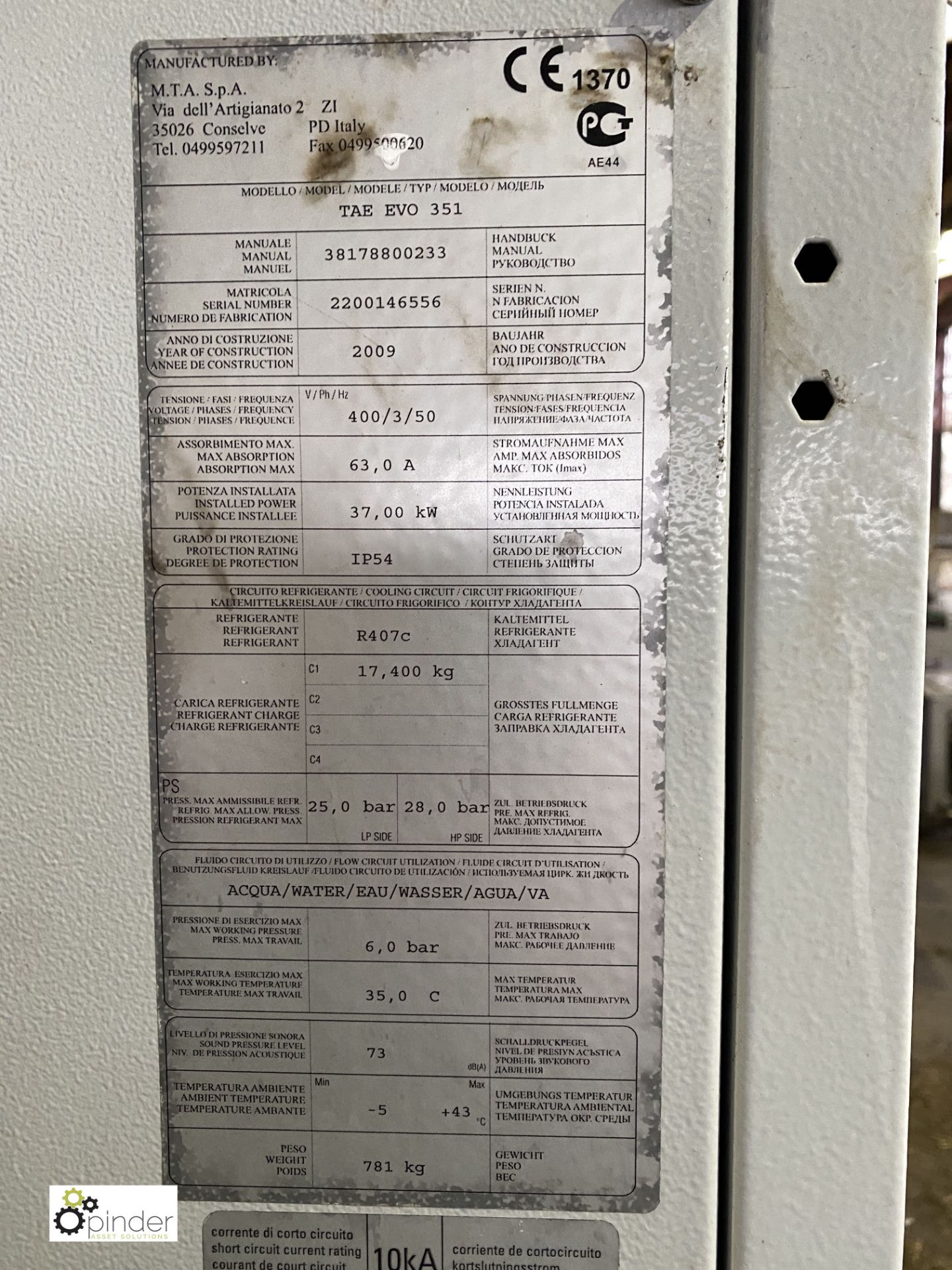 MTA EVO351 Chiller, refrigerant R407c, year 2009, serial number 2200146556 (please note this lot has - Image 7 of 12