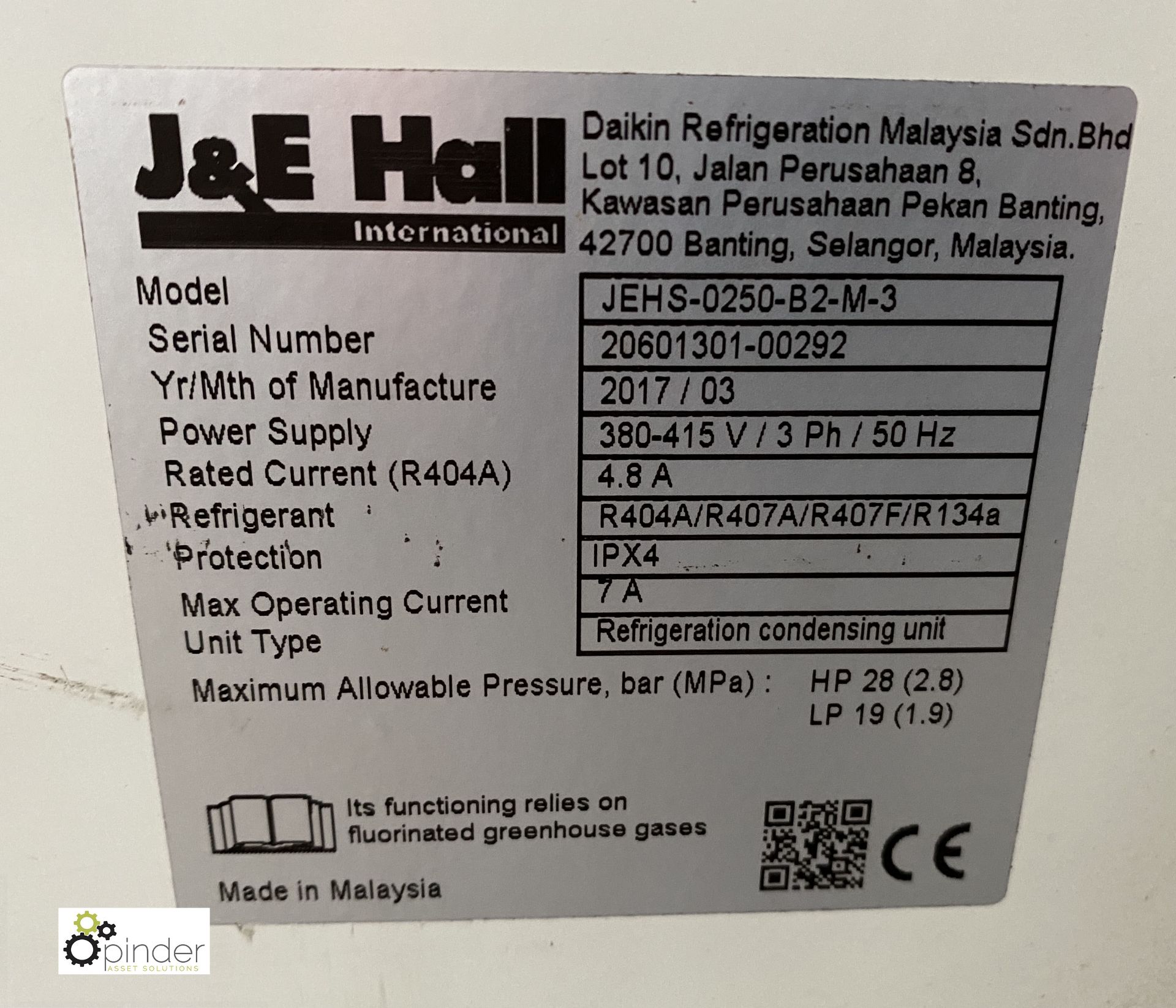 J & E Hall JEHS-0250-B2-M-3 Refrigeration Condenser Unit, 415volts, serial number 20601301-00292 ( - Image 3 of 3