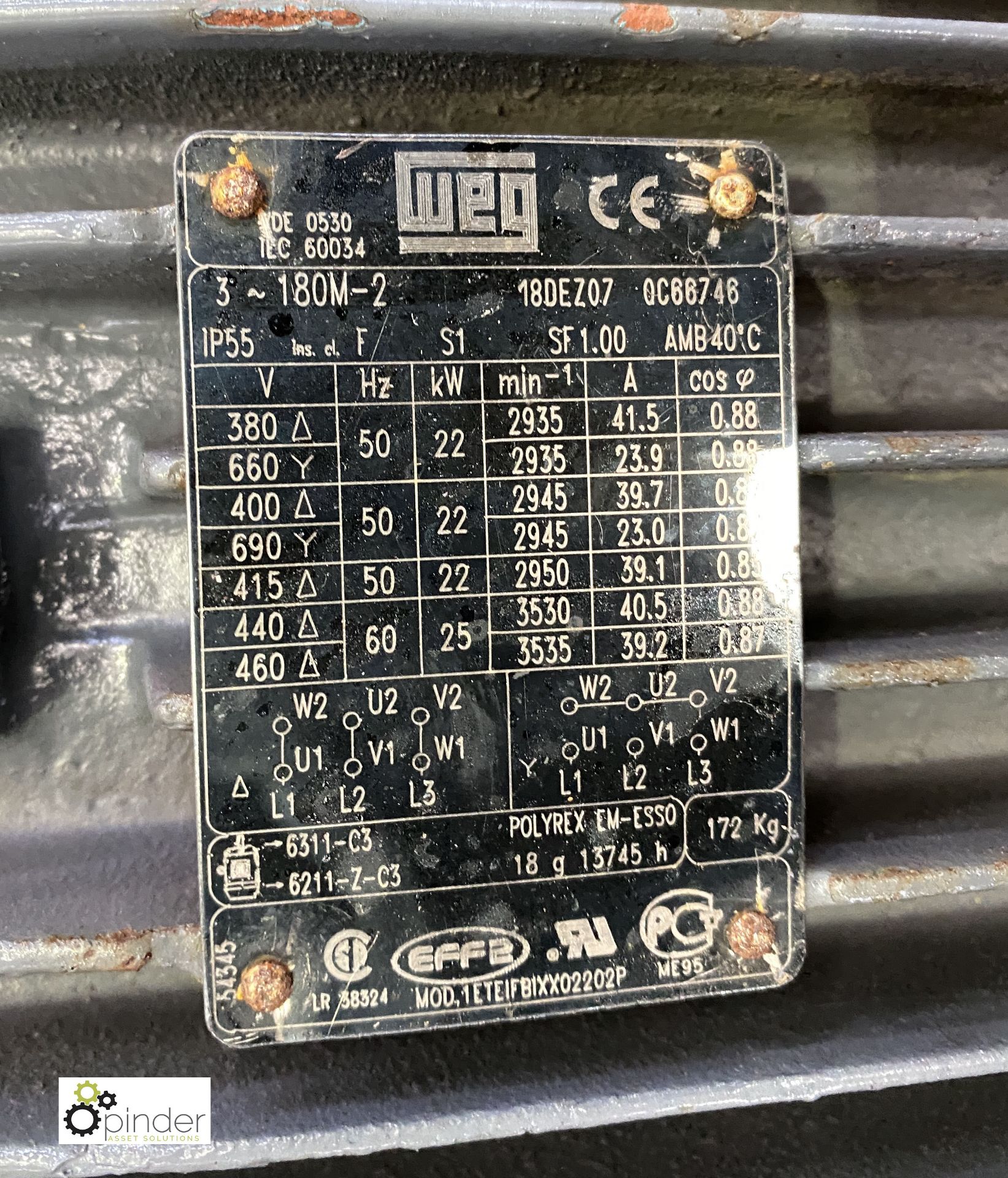 WEG 180M-2 Electric Motor, 22kw (please note this lot has a lift out fee of £5 plus vat) - Image 3 of 3