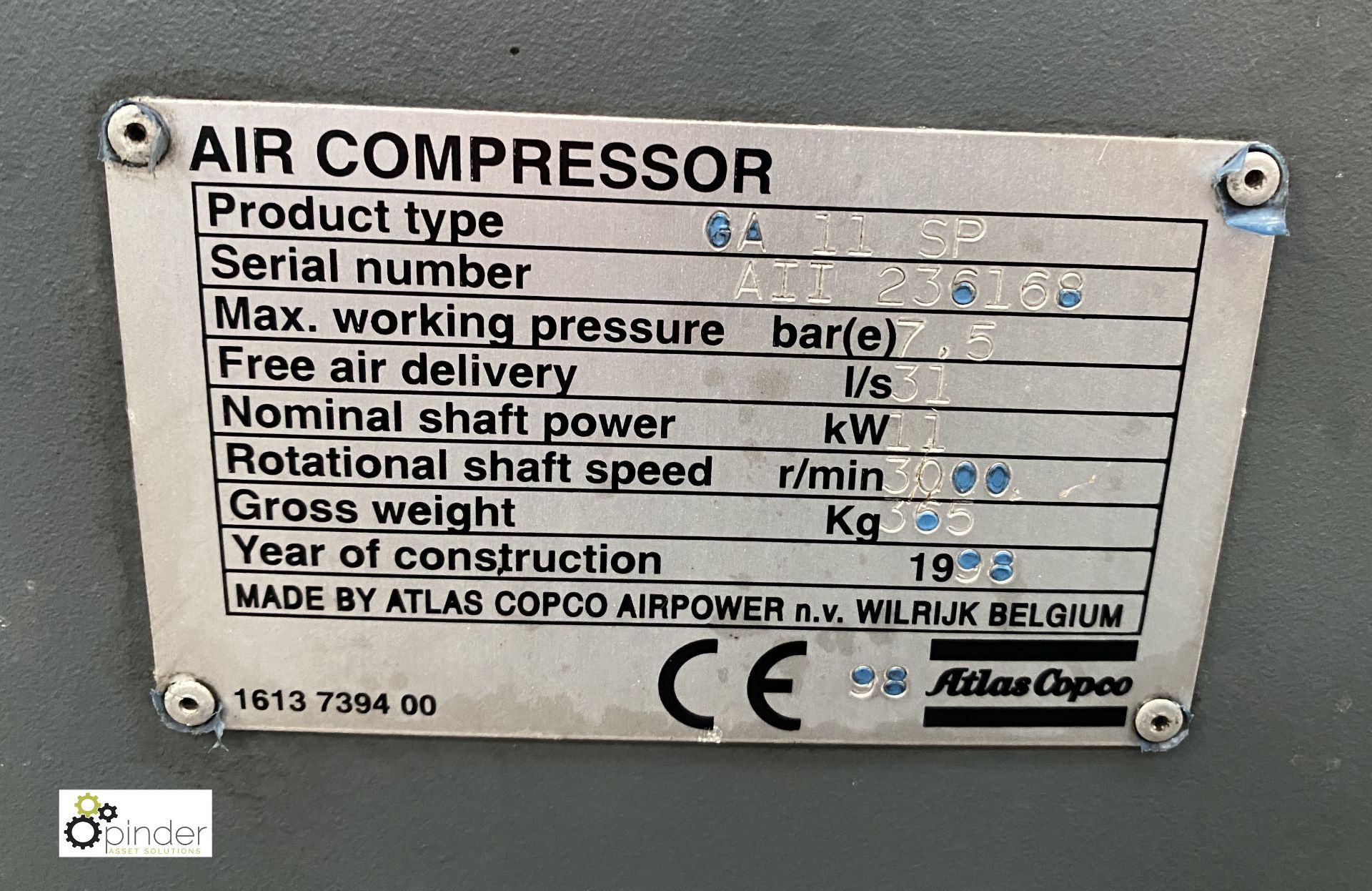 Atlas Copco GA11 SP Packaged Air Compressor, 7.5bar, 97743hours, 415volts (please note this lot - Image 5 of 5