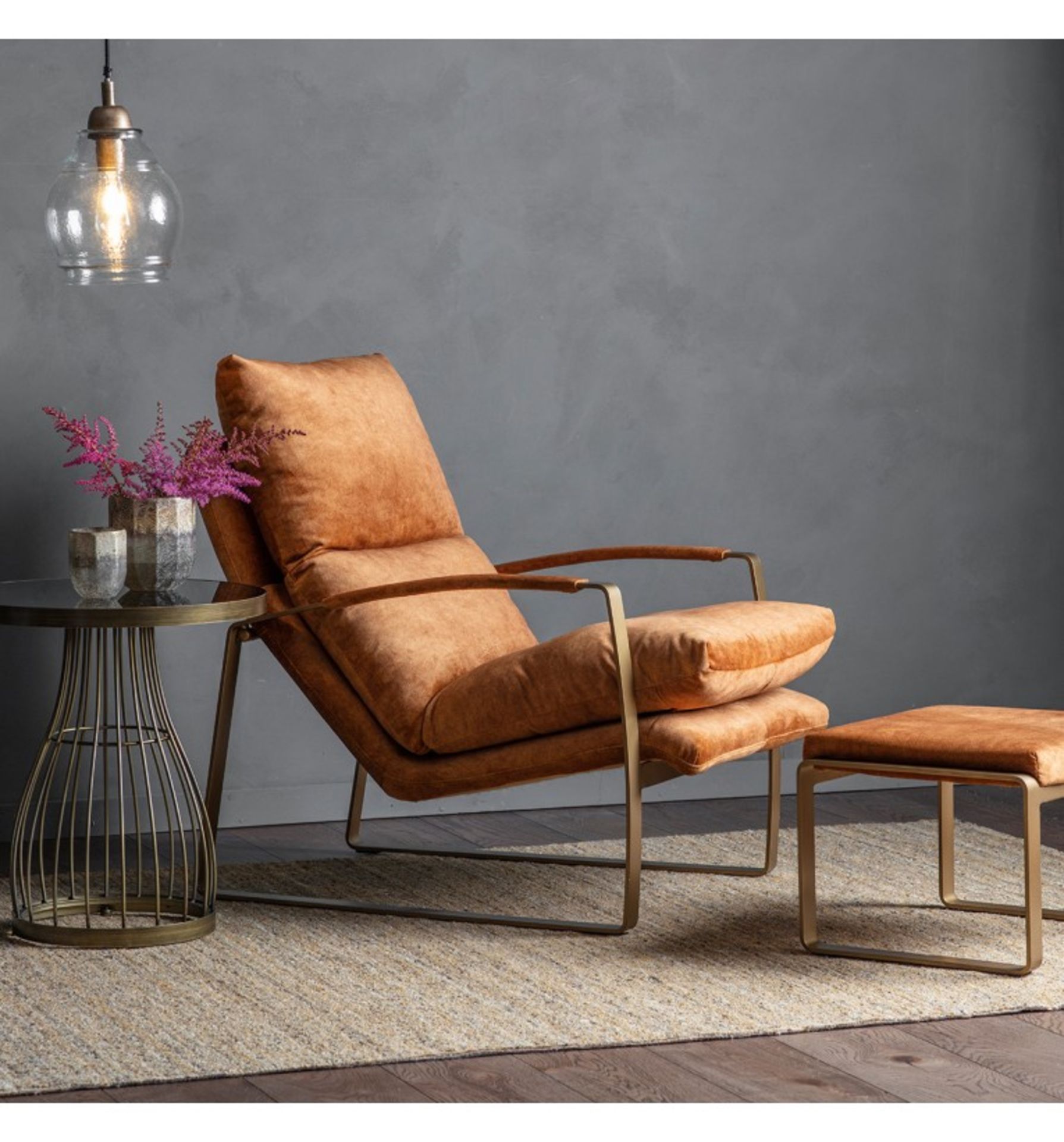 Fabien Lounger Ochre This lounger has a brass matt finished metal frame and a sumptuous suede