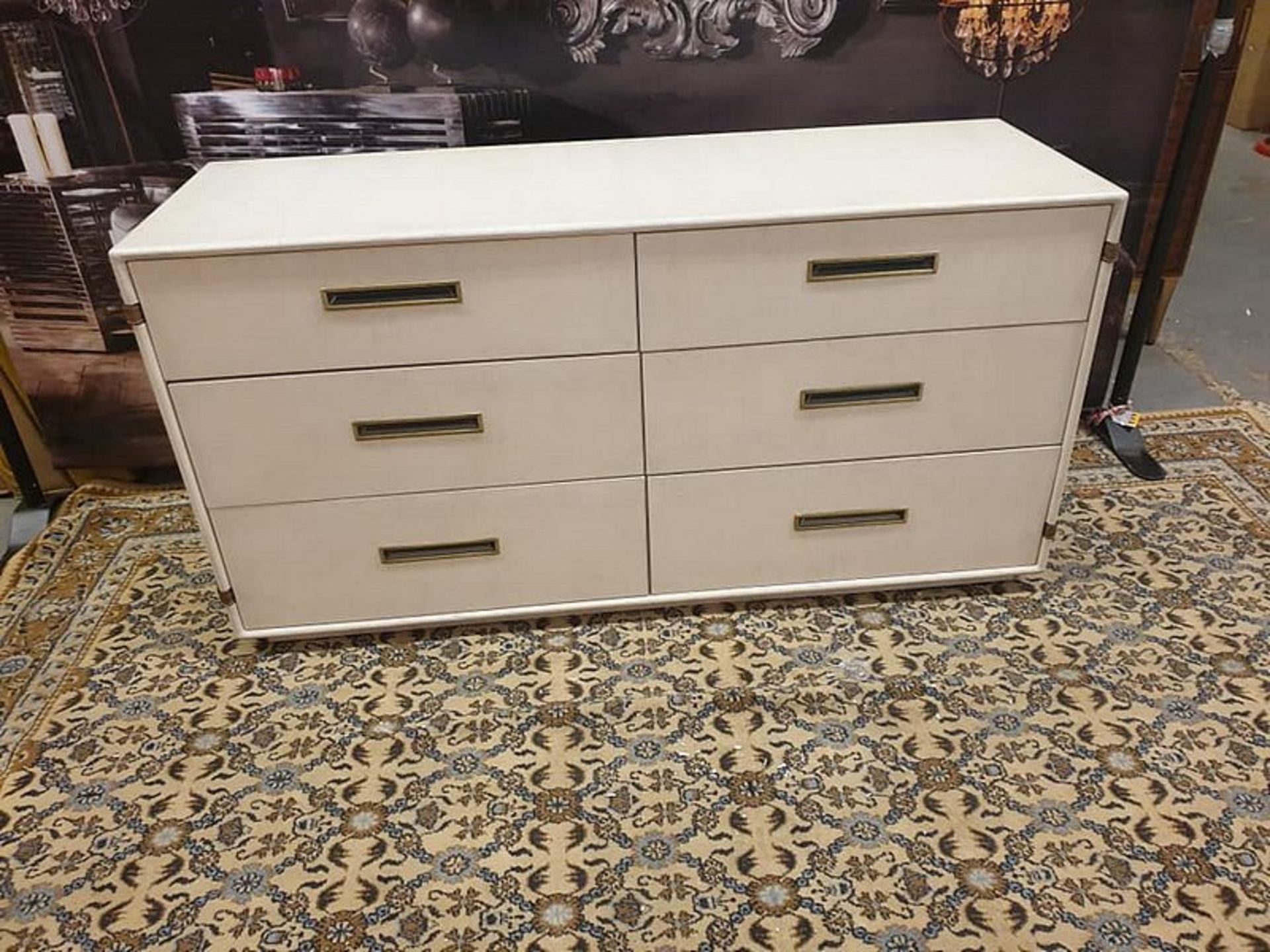 Starbay Campaign Furniture Natural Walnut And Sisal 6 Drawer Chest With Brass Inlay And Leather