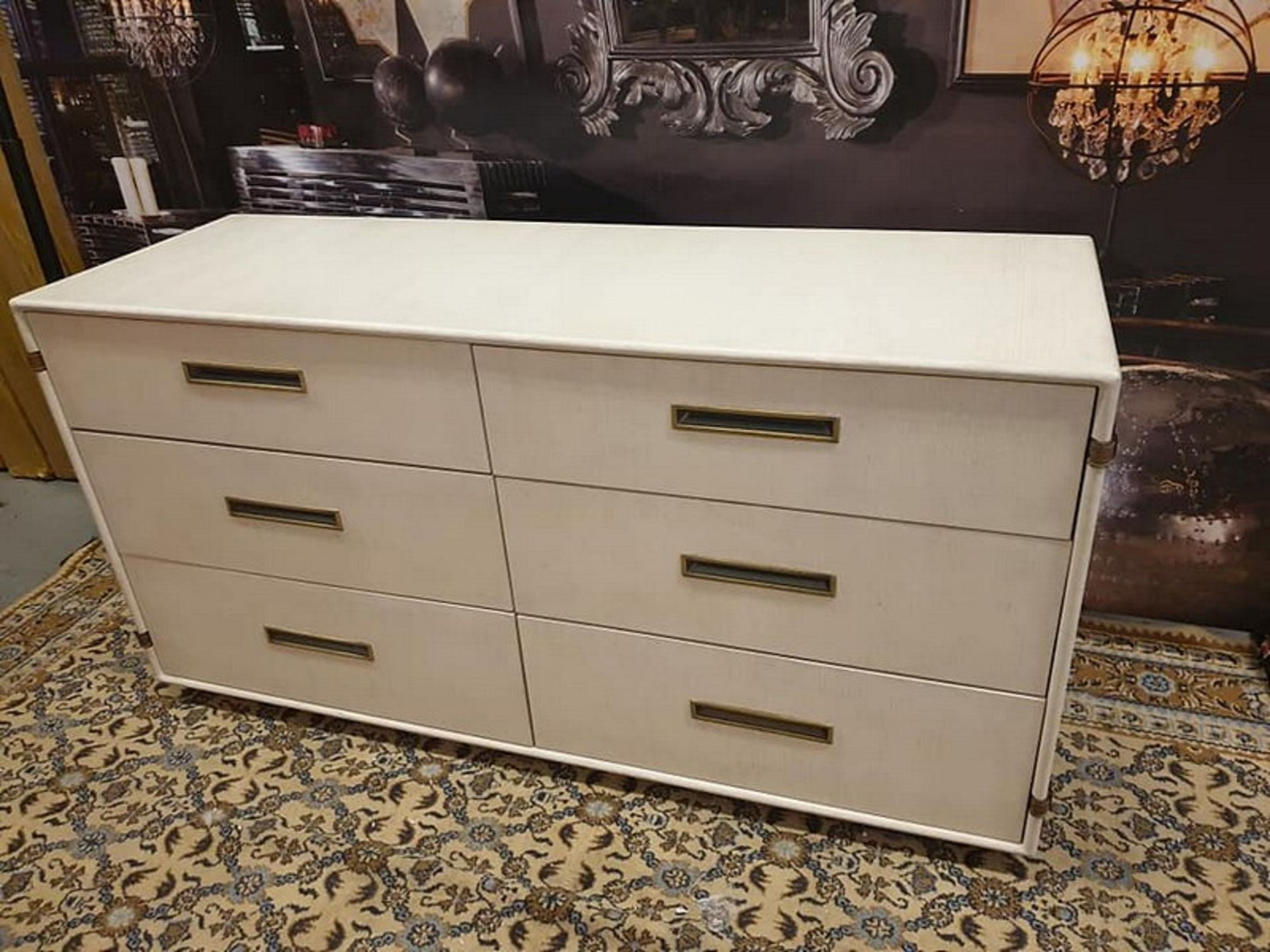 Starbay Campaign Furniture Natural Walnut And Sisal 6 Drawer Chest With Brass Inlay And Leather - Image 2 of 2