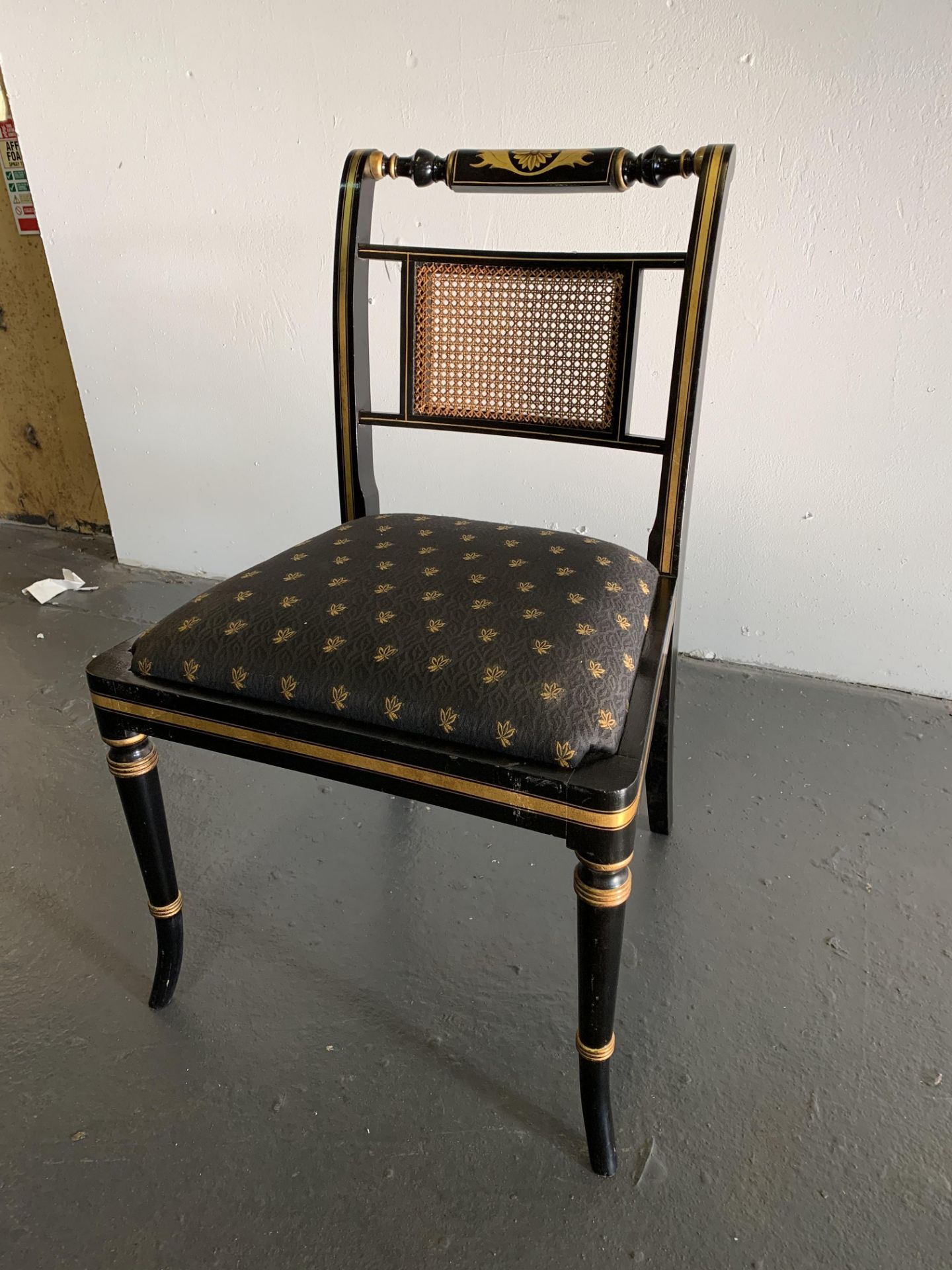 Ebony and Gold LEaf side Chair with top turned rail gold pattern pad detail