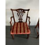 A Mahogany armchair upholstered in red and gold fabric sligh shop damage