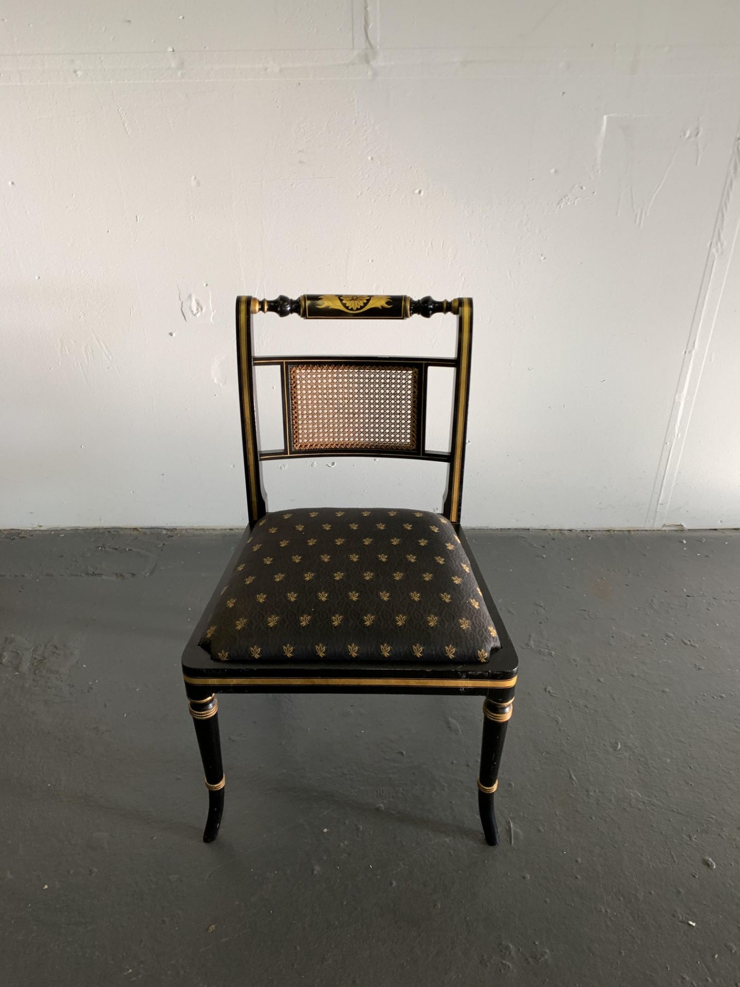 Ebony and Gold LEaf side Chair with top turned rail gold pattern pad detail - Image 4 of 4
