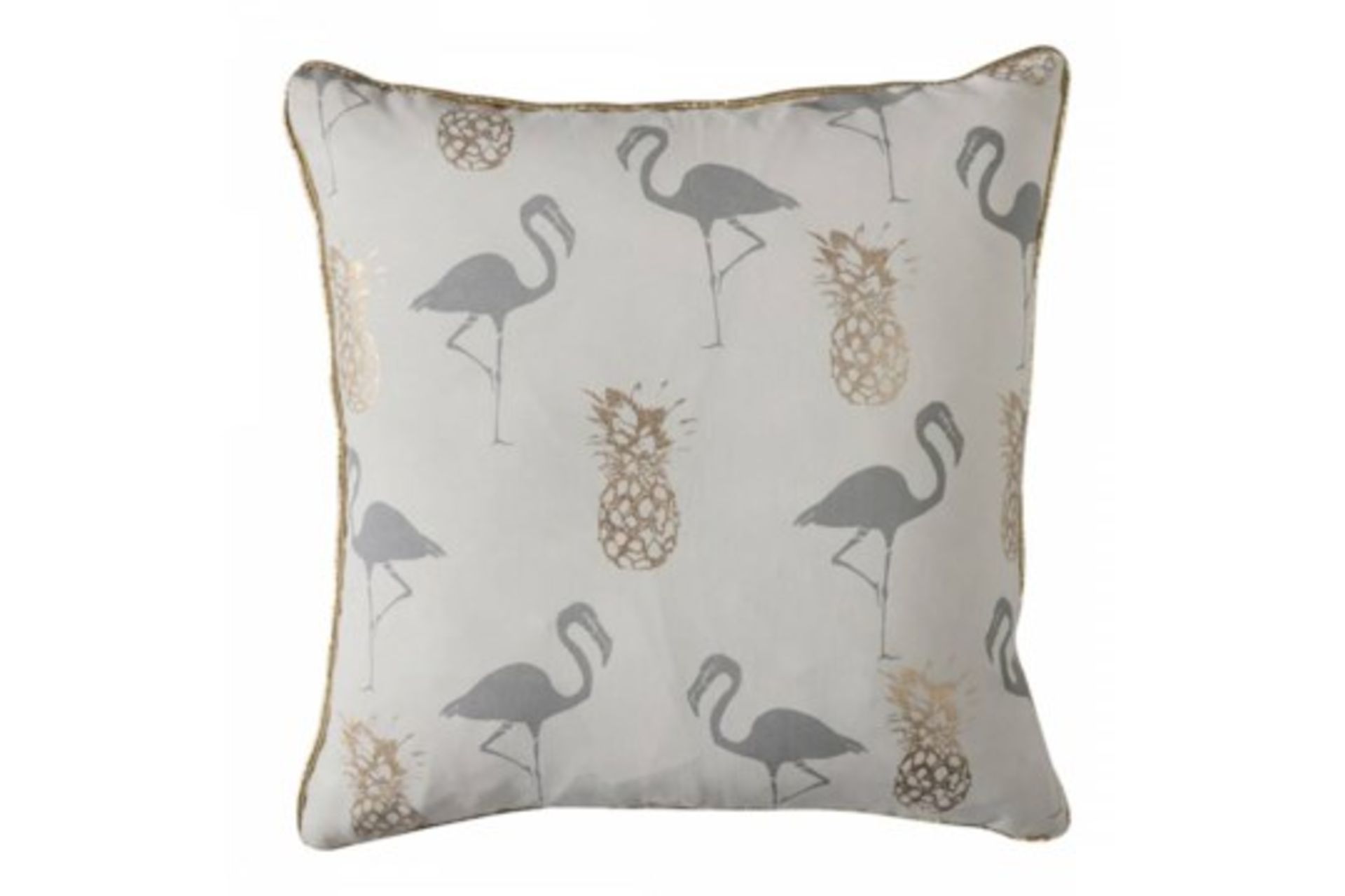 4 x Flamingo & Pineapples Cushion Grey Quirky Design With Flamingo Silhouette And Metallic Pineapple