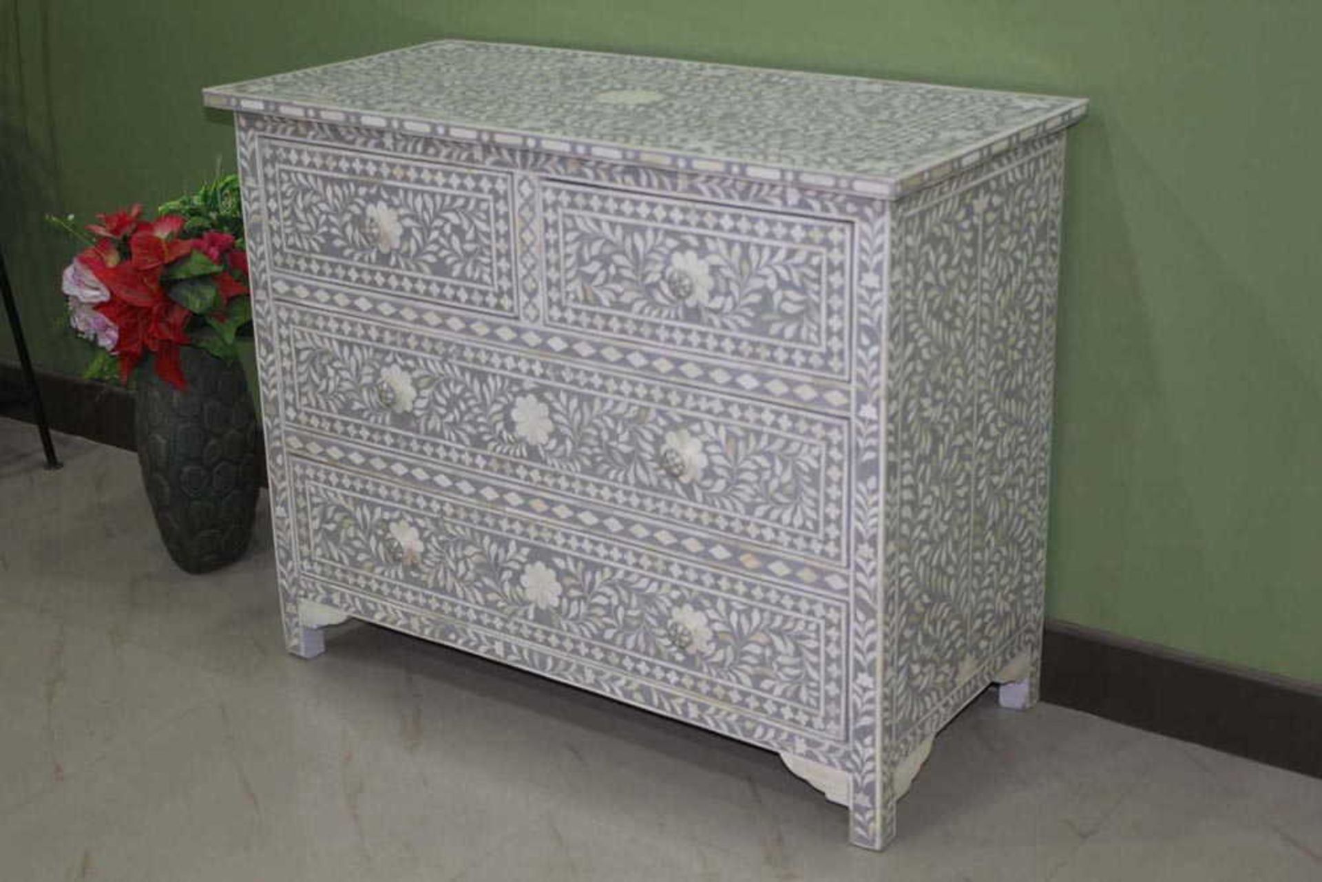 Floreat Mottled Blue Grey Bone Inlaid 4 Drawer Chest