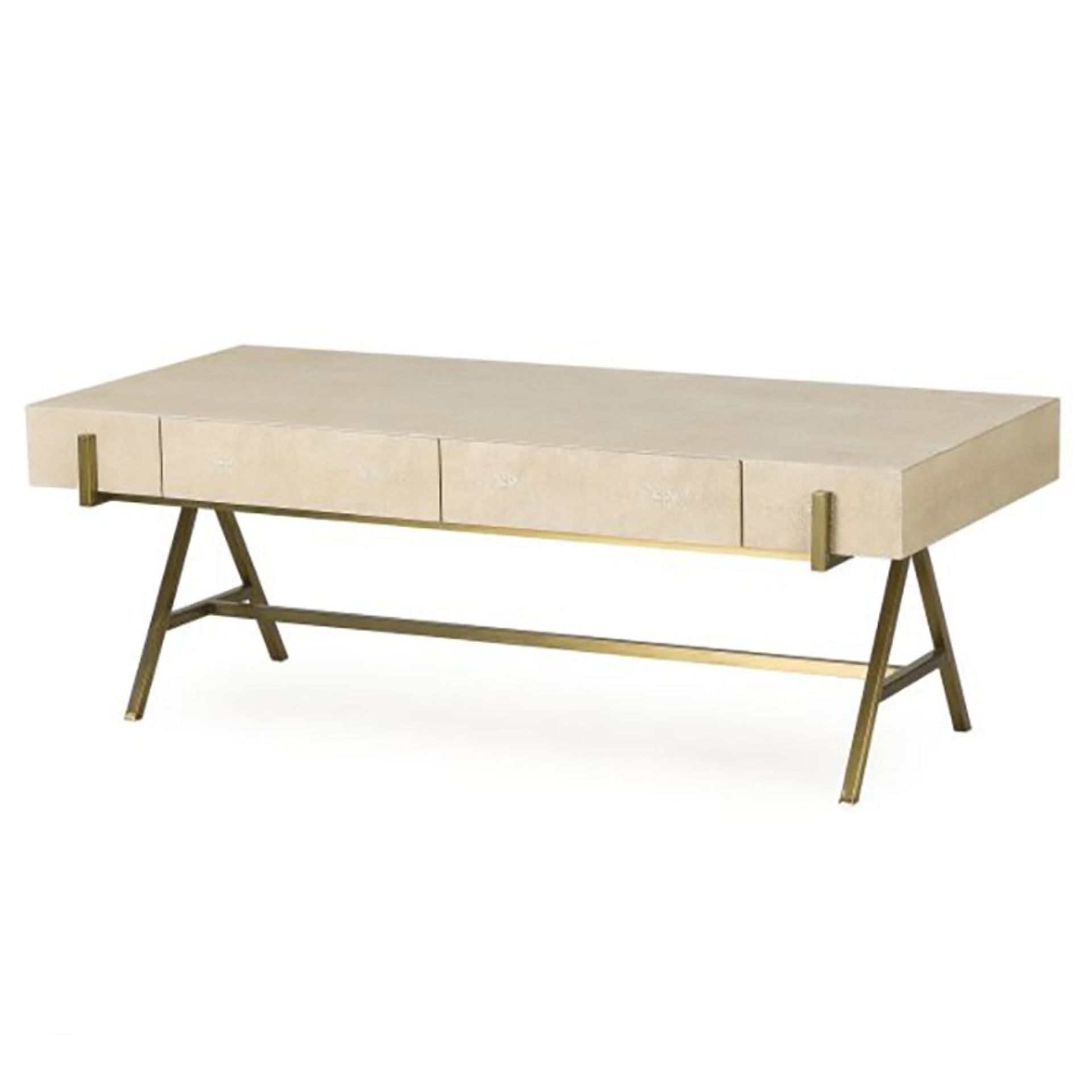 Delilah Coffee Table- Cream Shagreen Coffee Table With Satin Brass Base With Two Drawers Gorgeous