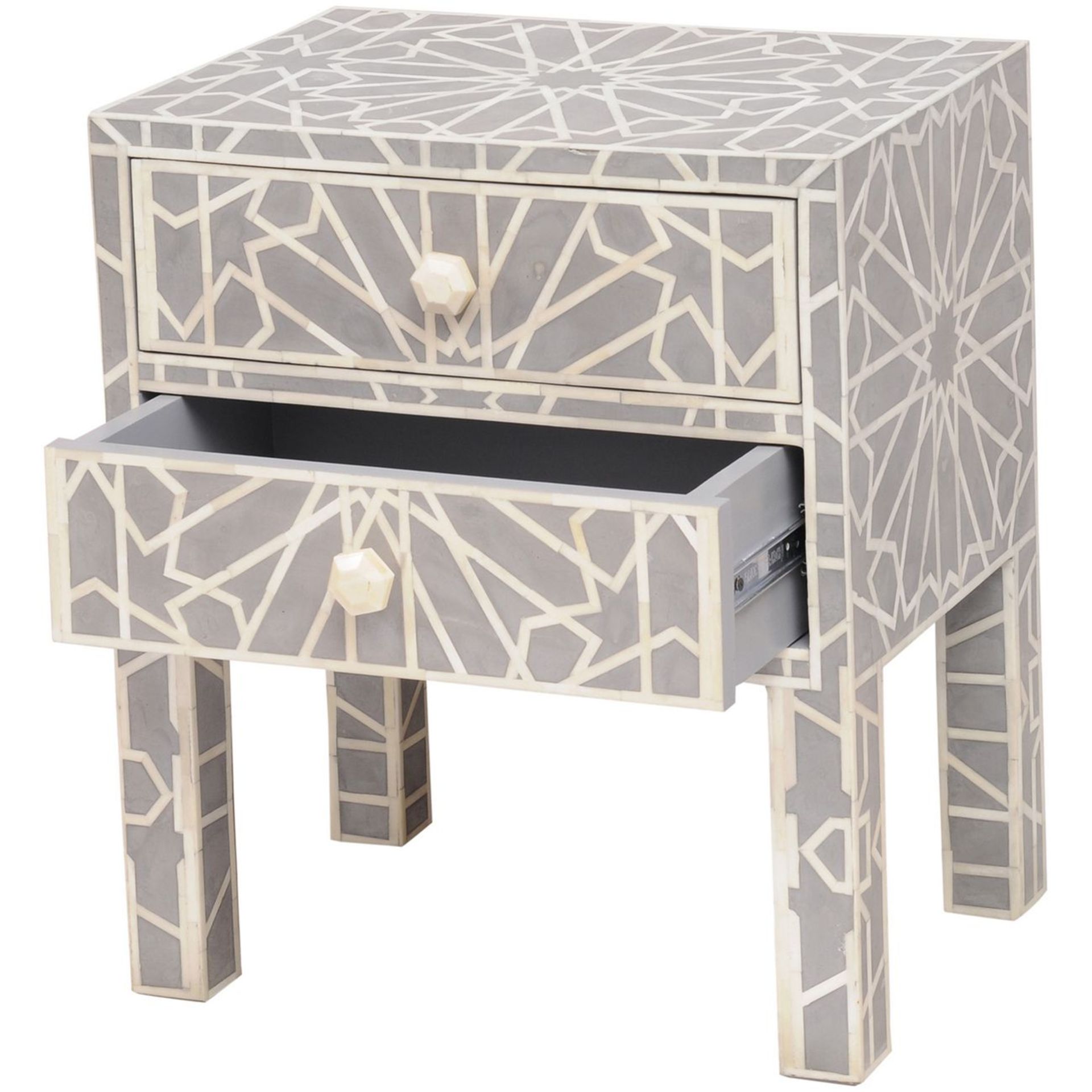 Floreat Mottled Blue Grey Bone Inlaid Two Drawer Bedside Table - Image 2 of 2