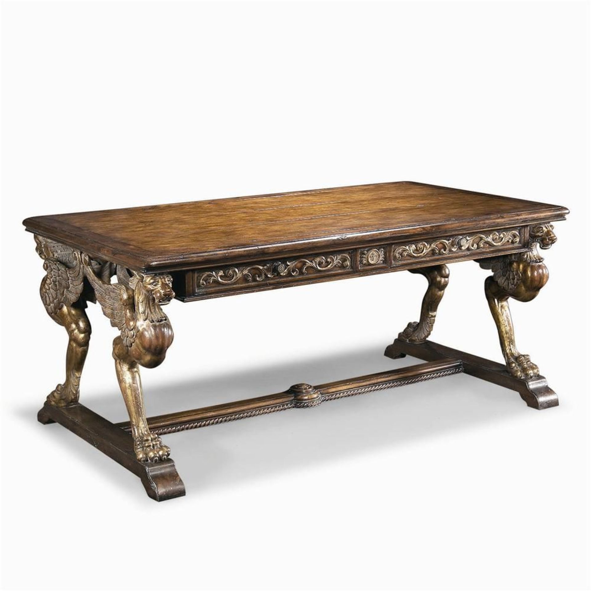 Griffin Library Table 100 Year Distressed Double Sided Library Desk With Aged Gilt Accents Planked