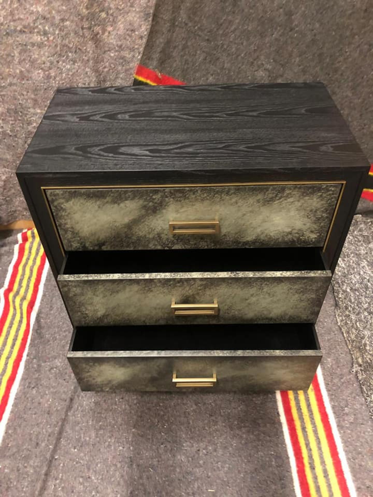 Levi 3 Drawer Chest Wrapped In A Faux Velum On Leather In A Charcoal Finish On Satin Brass