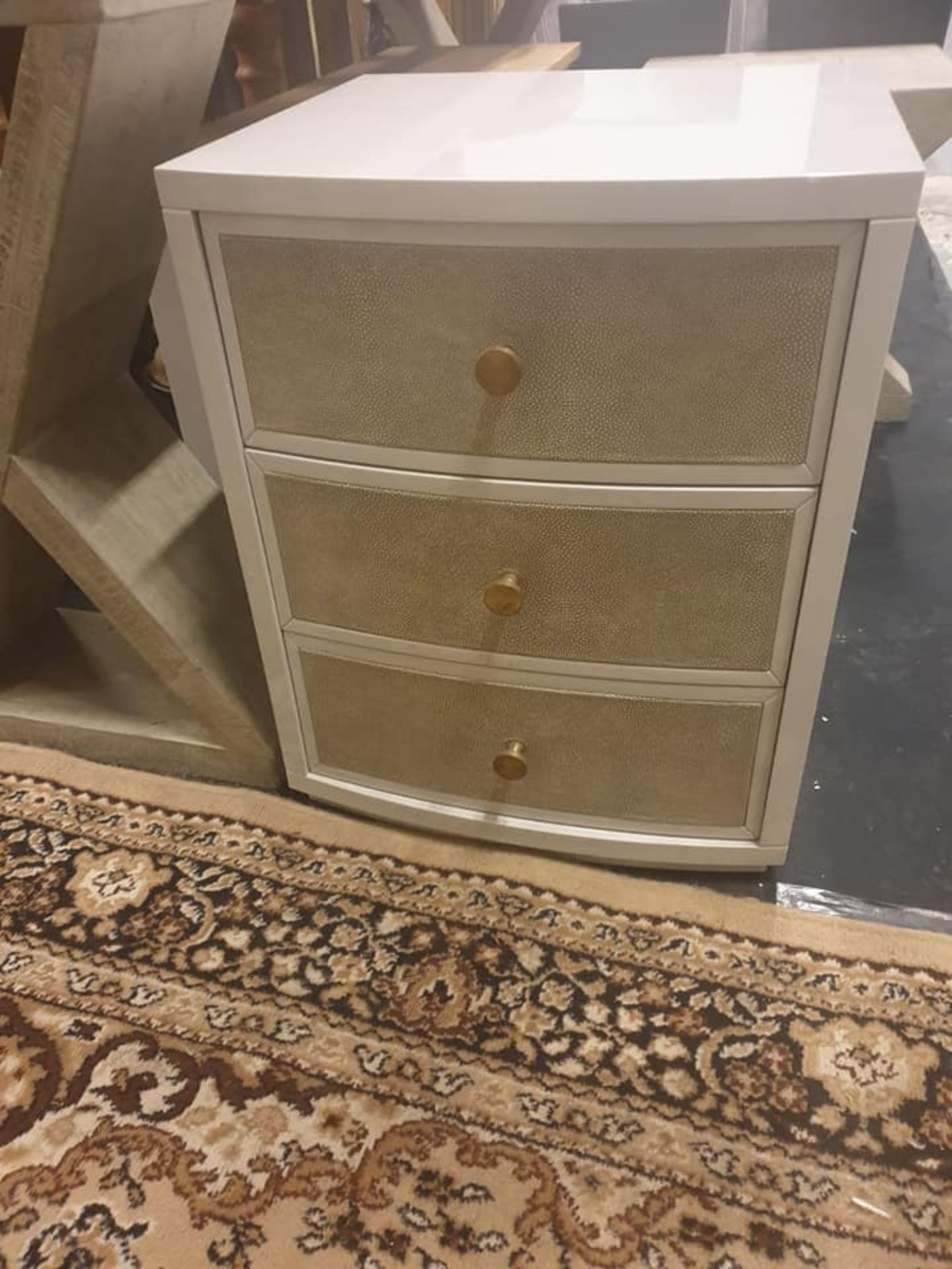 Bedside table 3 drawer gloss finished with curved front 50 x 58 x 63cm