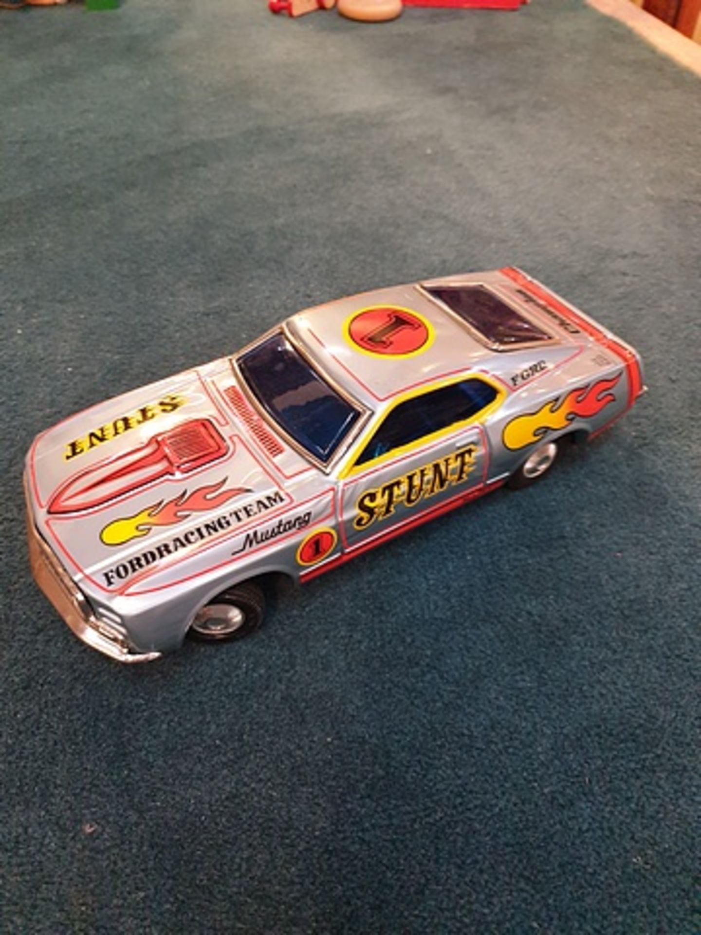 Tokyo Plaything Shokai Co.TPS Japan Tinplate Battery Operated Ford Mustang Champion Stunt Car (Which