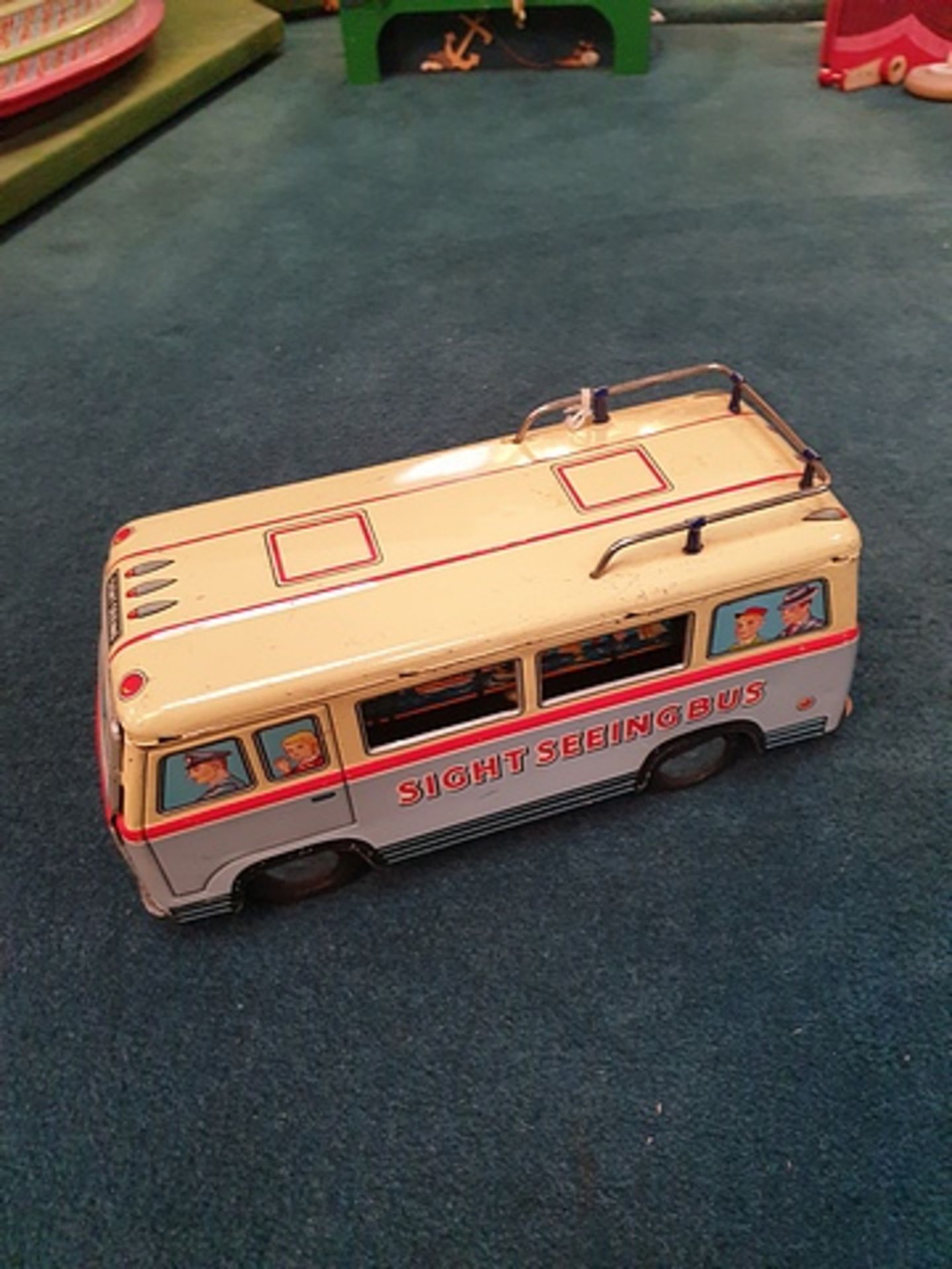 Marusan Japan very rare vintage tin friction toy sightseeing bus with moving windows 230mm x 110mm z