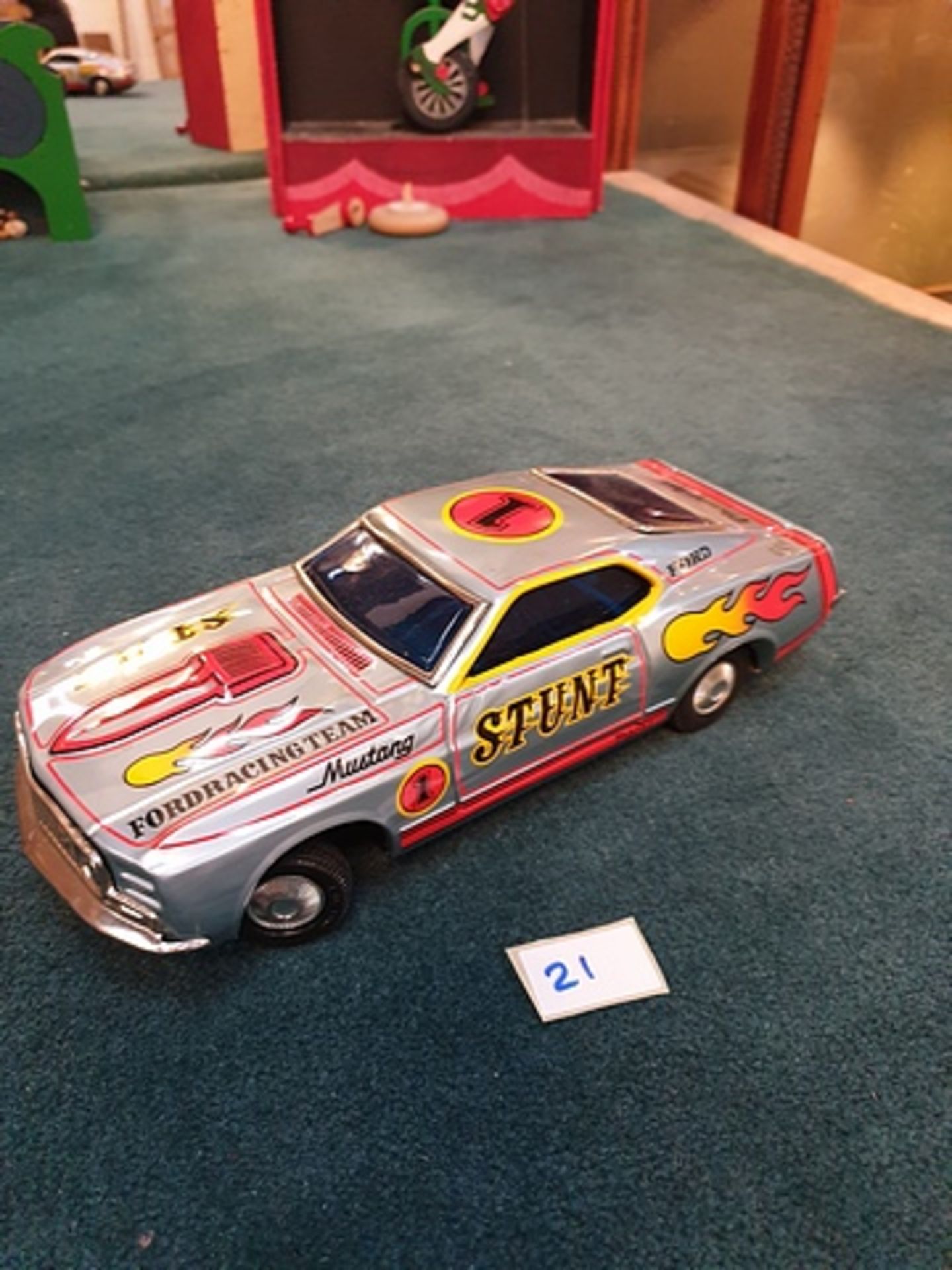 Tokyo Plaything Shokai Co.TPS Japan Tinplate Battery Operated Ford Mustang Champion Stunt Car (Which - Image 3 of 4