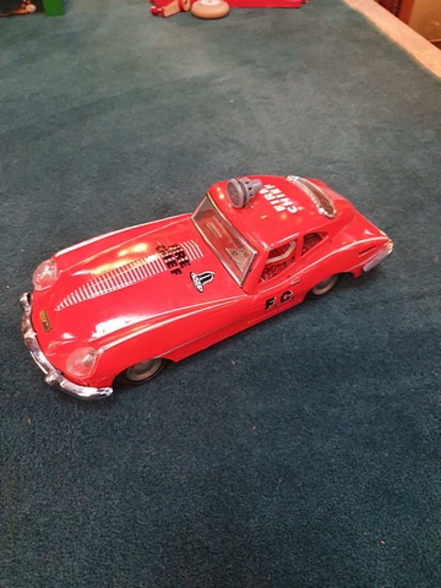 Vintage and Rare Tin Car Fire Chief Type Jaguar E - Type Battery Operated Bump and Go by Clover Toy,