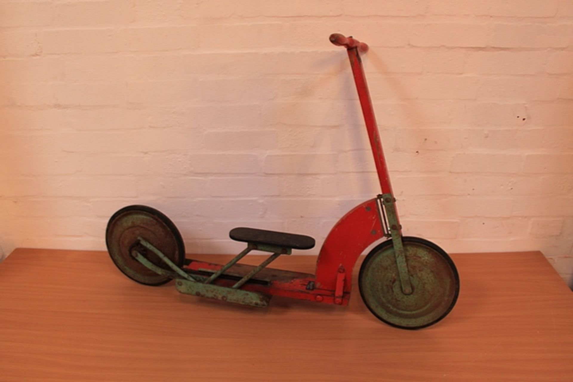 Vintage Harrods Wooden Pump Action Scooter In Red And Green