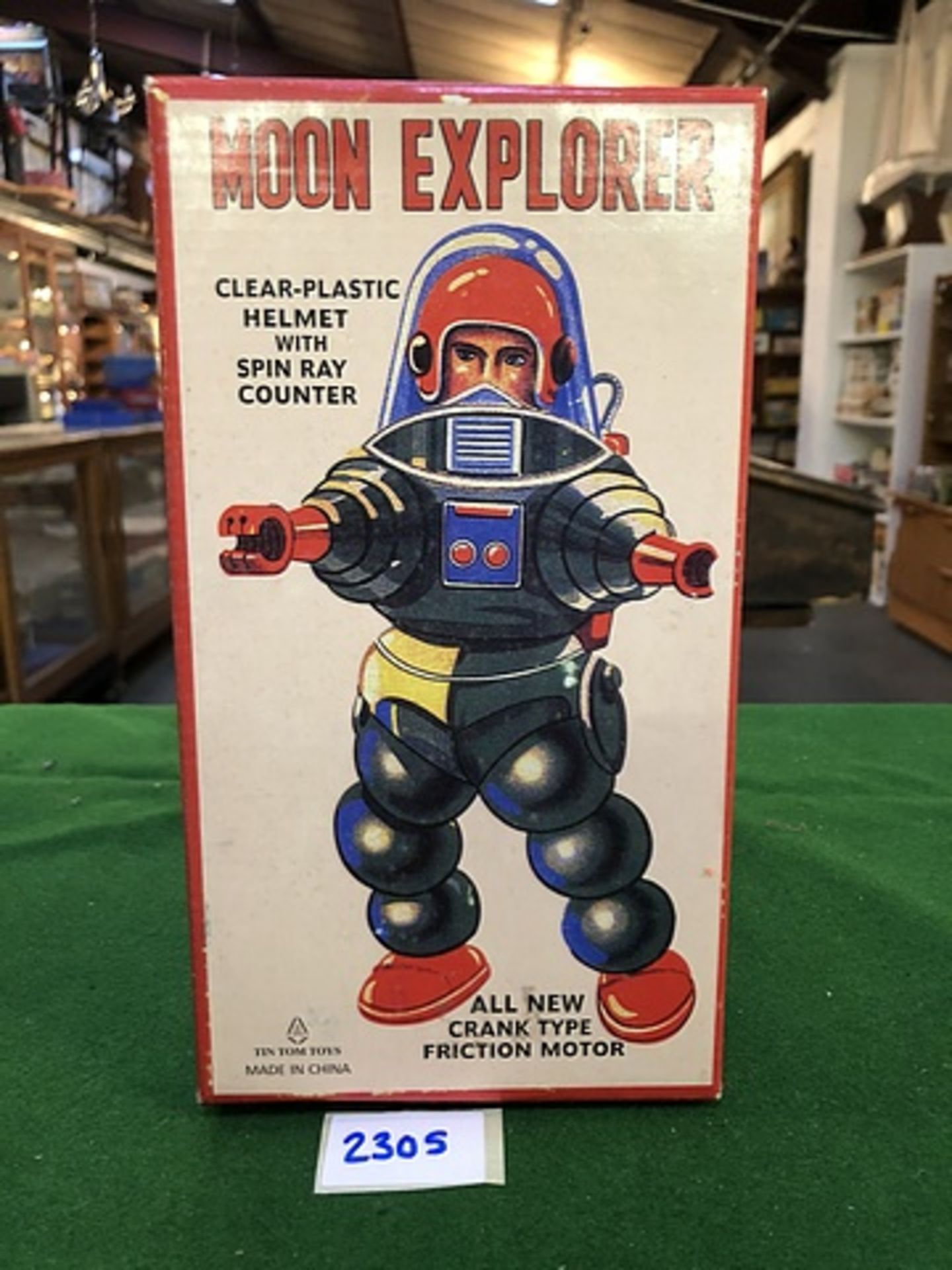 Tin Moon Explorer Robot Red Tin Tom Toy 7.5 Inches Tall Crank-Handle Inertia Drive Which Propels