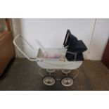 Silver Cross Baby Doll PRAM CARRIAGE Vintage Metal Dolls Pram In White With A Rose On The Side And A