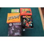 5 X Box Games Tri-Ominos, Clue Mystery Puzzle Game, Scoop, Cluedo And Wimbledon Tennis