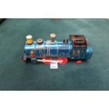 Masudaya #4018 Continental Blue Locomotive Tinplate Battery Operated Train Toy Is 12-1/2" Long