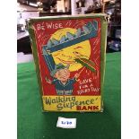 Walking Sixpence Money Bank Every Sixpence Puts The Umbrella Up Red & Yellow Plastic Made In Hong