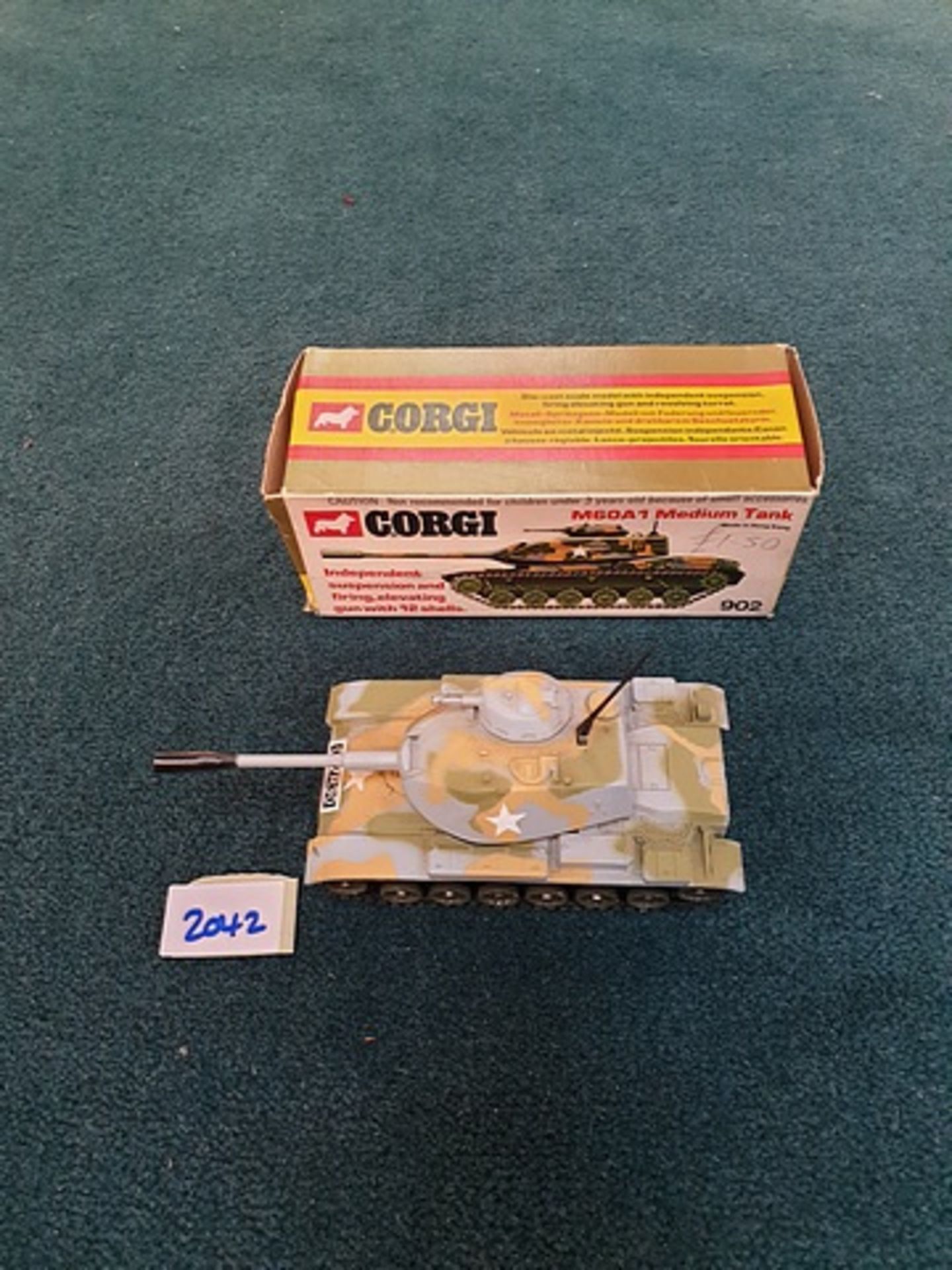 Corgi #902 M60a1 Medium Camouflage Complete With Box Measures Approximately 4.5" Long X 2" Wide X 2"