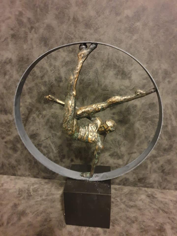 Antique Bronze Male Gymnast In Hoop Sculpture Contemporary Roughly Textured Sculpture Of A Male