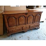 Oak Coffer Chest An Early 18th Century Oak Coffer, The Lid With Three Panels Over A Carved Frieze To