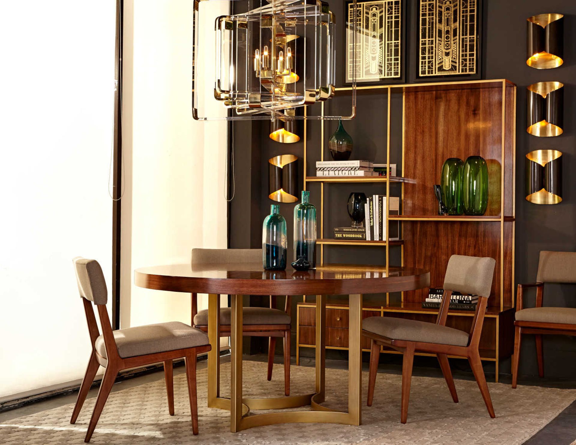 Ashton Dining Table Walnut Veneer Round Dining Table With Steel Geometric Base. Achieve A Mid