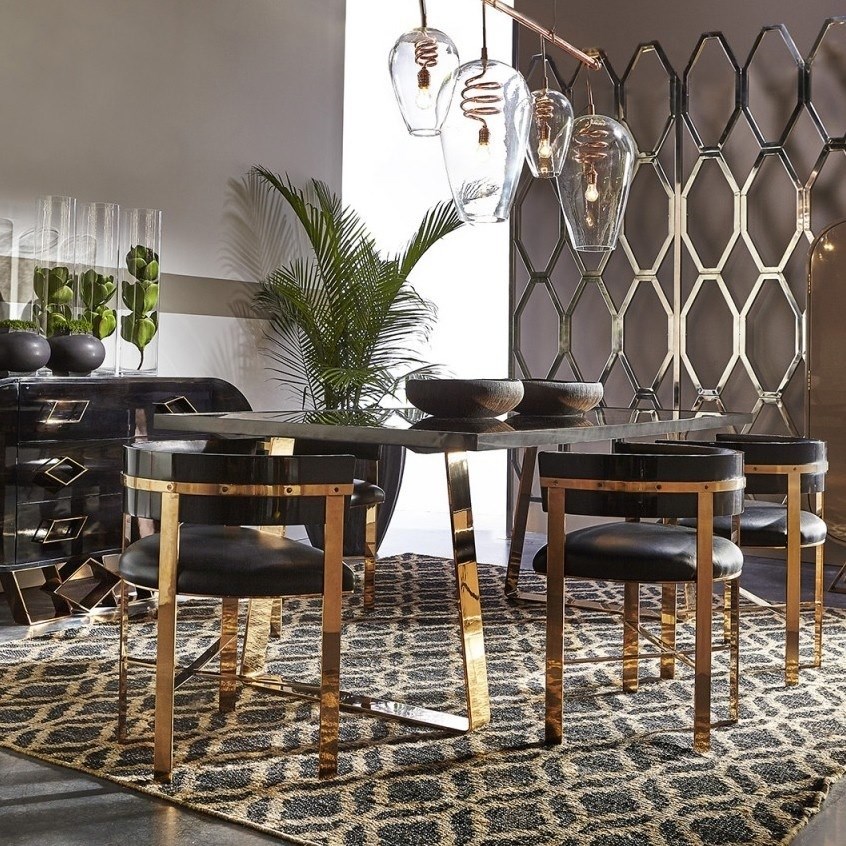 Art Dining Chair - Mirrored Brass / Black Onyx Leather The Art Dining Chair Incorporates Aspects Of