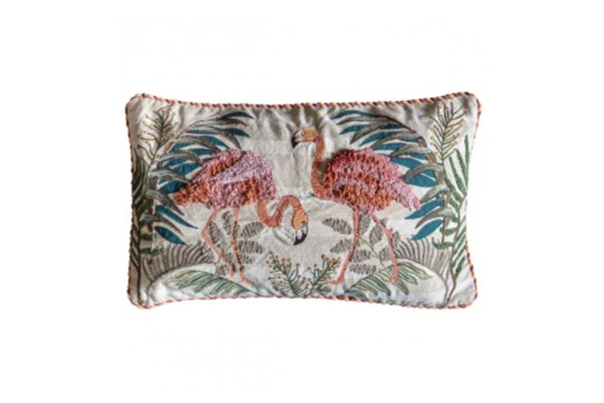 4 x Flamingos Palm Feather Filled Cotton Cushion Embroidered Airy Neutrals Play Amongst Carved Wood, - Image 2 of 2