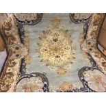 Handmade Bergama Rosey Oriental Hand-Spun Wool Savonnerie Carpet 8' x 10' - Light Blue/Ivory The