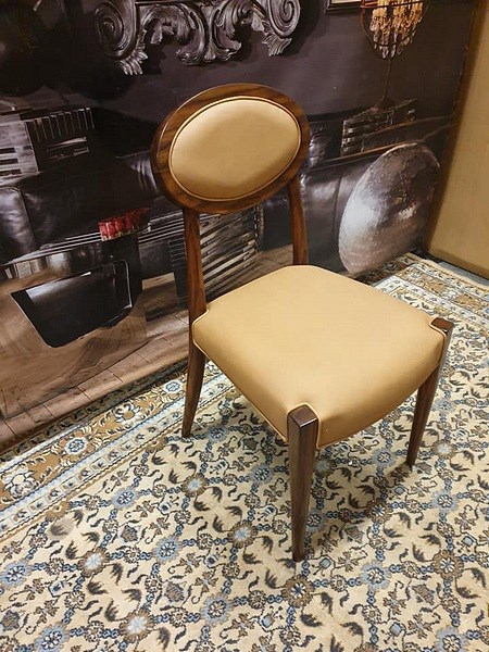 A Pair of Starbay Campaign Furniture Round Back Camel Leather And Walnut Dining Chairs Leek Design - Image 2 of 2