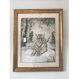 Framed Silk Painting Depicting A Large Tiger In Ornate Frame 118 x 95cm (Location HBEL HLD)