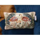 4 x Flamingos Palm Feather Filled Cotton Cushion Embroidered Airy Neutrals Play Amongst Carved Wood,