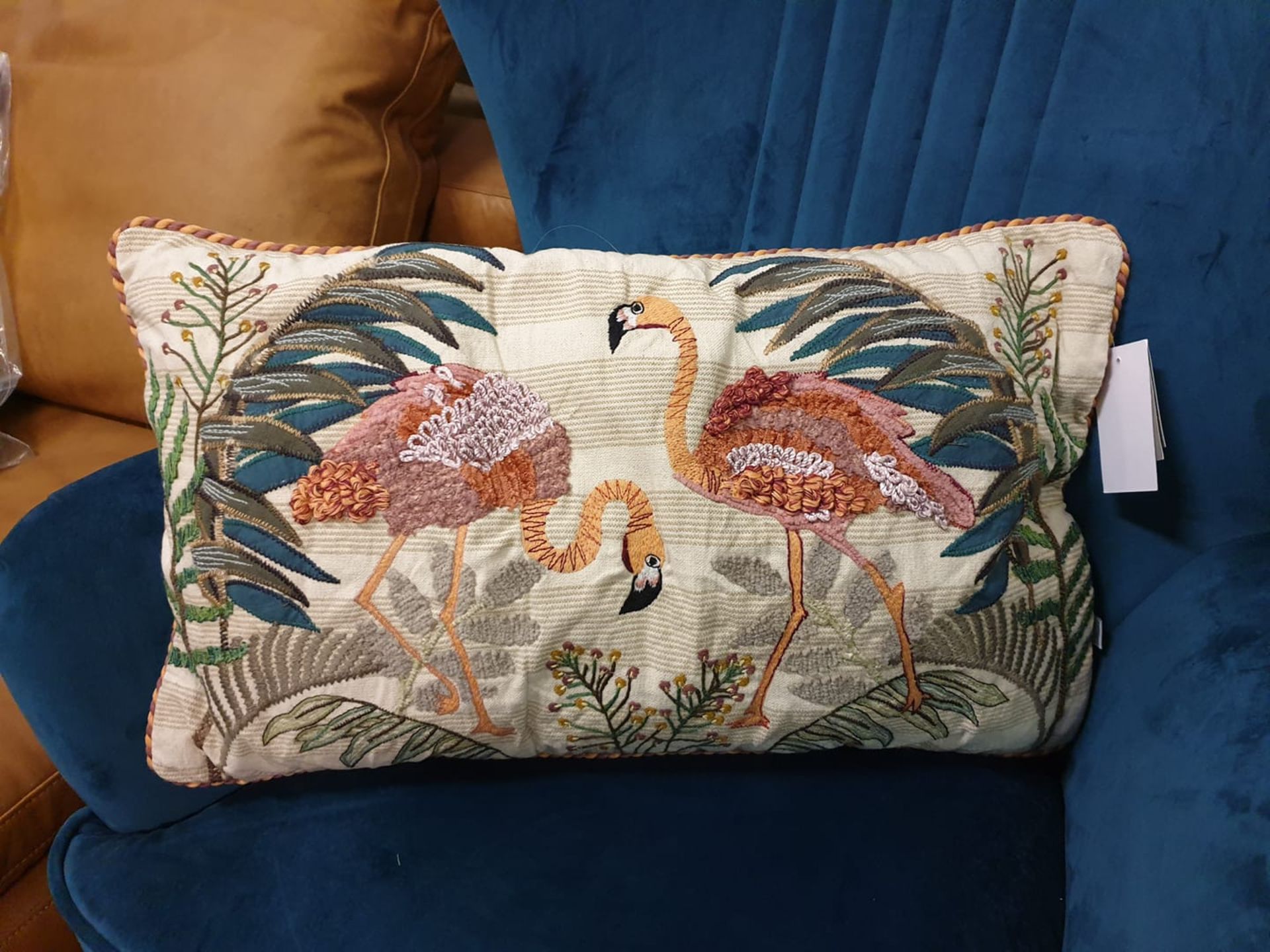 4 x Flamingos Palm Feather Filled Cotton Cushion Embroidered Airy Neutrals Play Amongst Carved Wood,