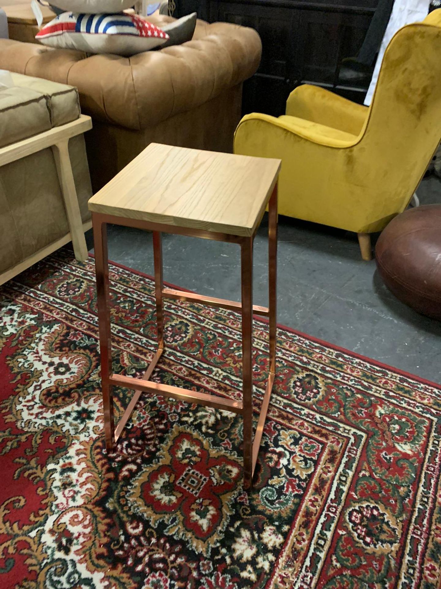 Copper And Elm Barstool The Bar Stool Features 4 Fixed Height Copper Legs And Natural Wooden Seat.