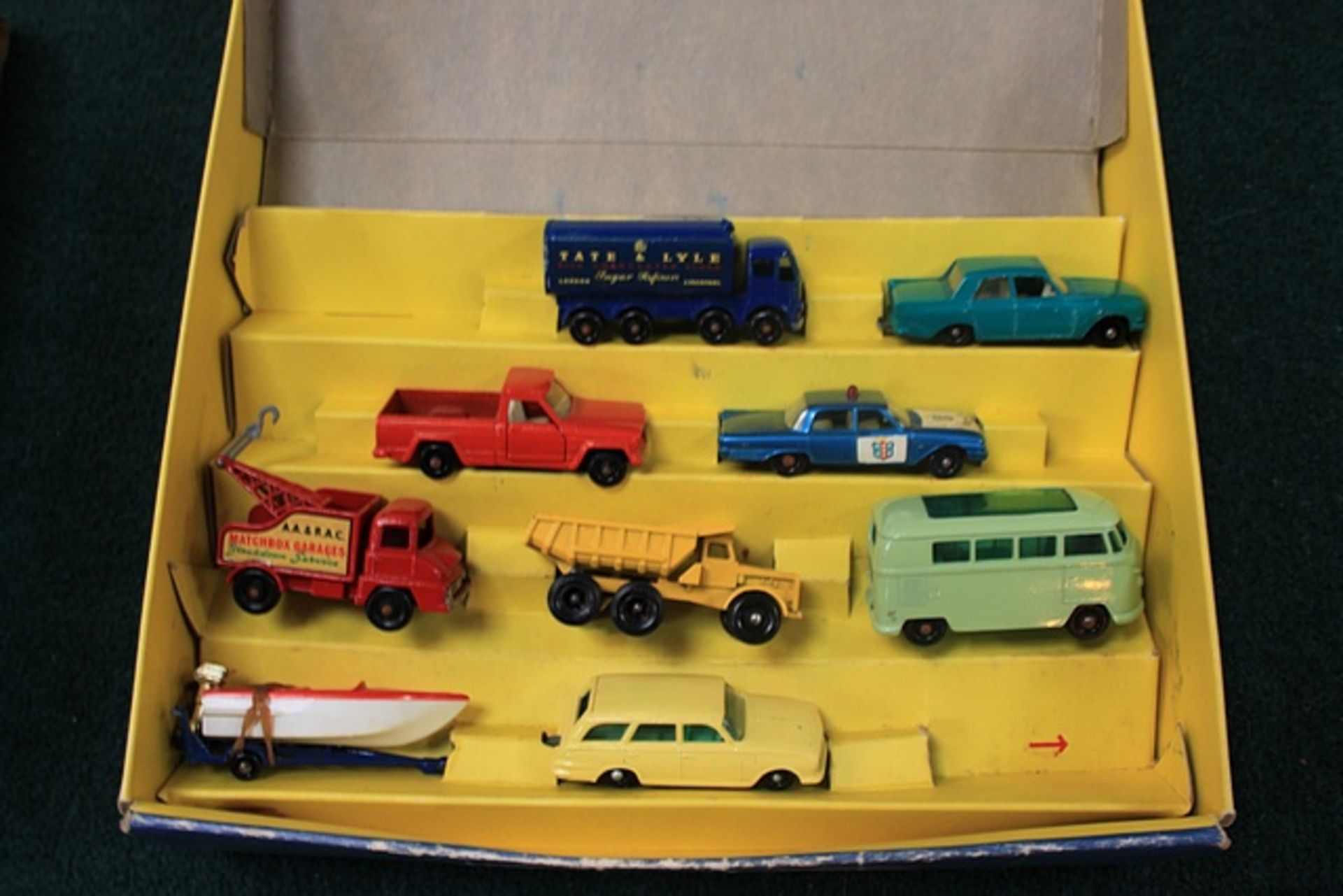 Matchbox Lesney Gift Set Motorway Set Number G-1 Comprising Of 8 Diecast Vehicles And A Boat