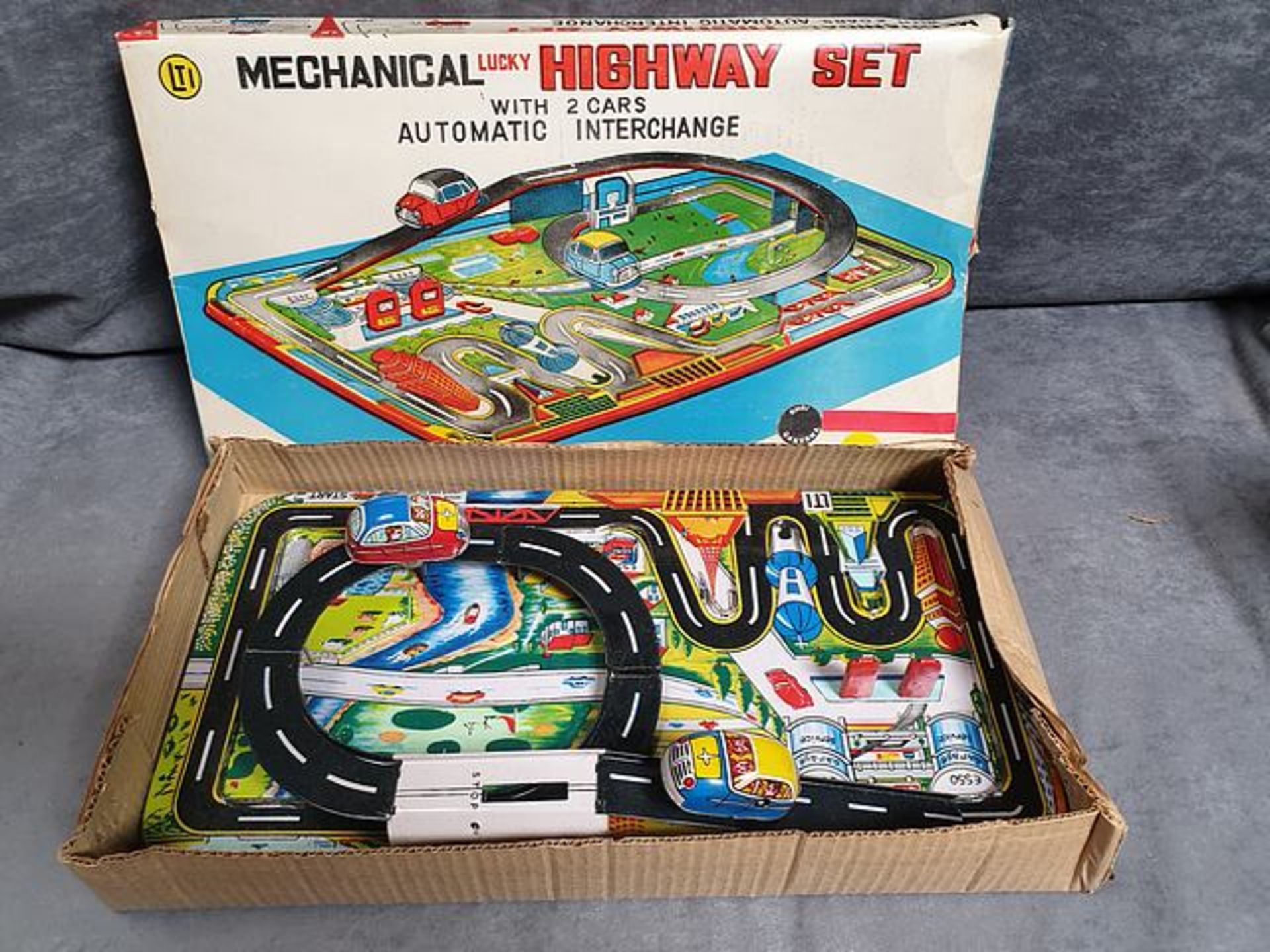 Lucky Toys (Hong Kong) LTI Tin Mechanical Lucky Highway Set With 2 Cars And Automatic Interchange