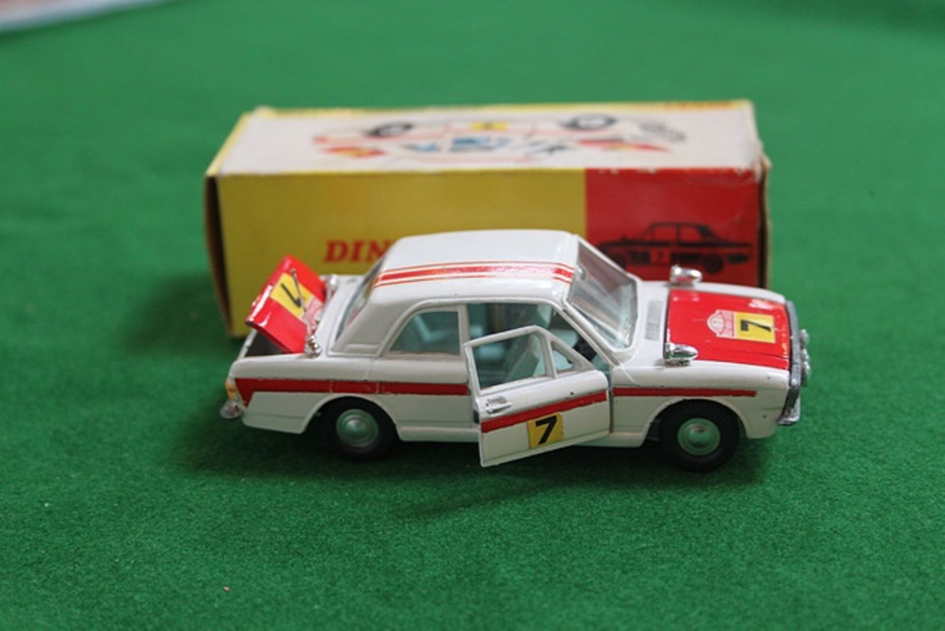 Dinky Toys Diecast #205 Lotus Cortina Rally Car White With Red Stripes And Racing #7 Complete With