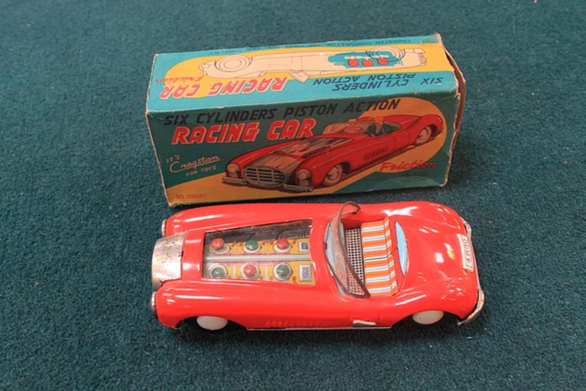 Cragstan Japan #09501 Friction Powered Six Cylinders Piston Action Racing Car Made In Japan 7 3/4" - Image 2 of 2