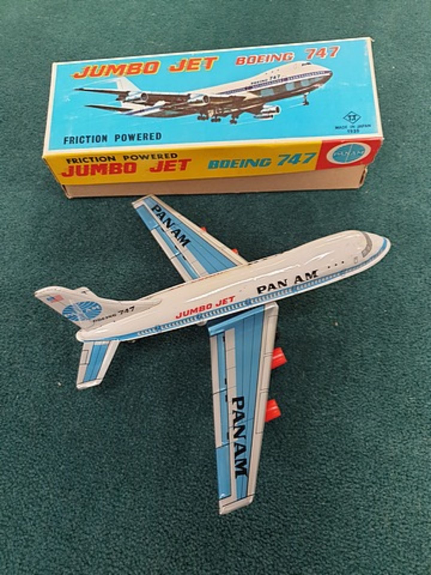 T.T. Toy company (Japan) tin friction powered Pan Am boeing 747 Jumbo Jet airplane complete with