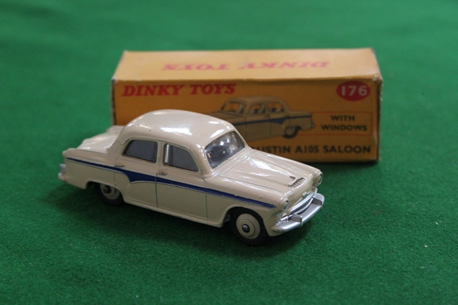 Dinky Toys Diecast #176 Austin A105 Saloon In Beige With A Blue Strip Complete With Box
