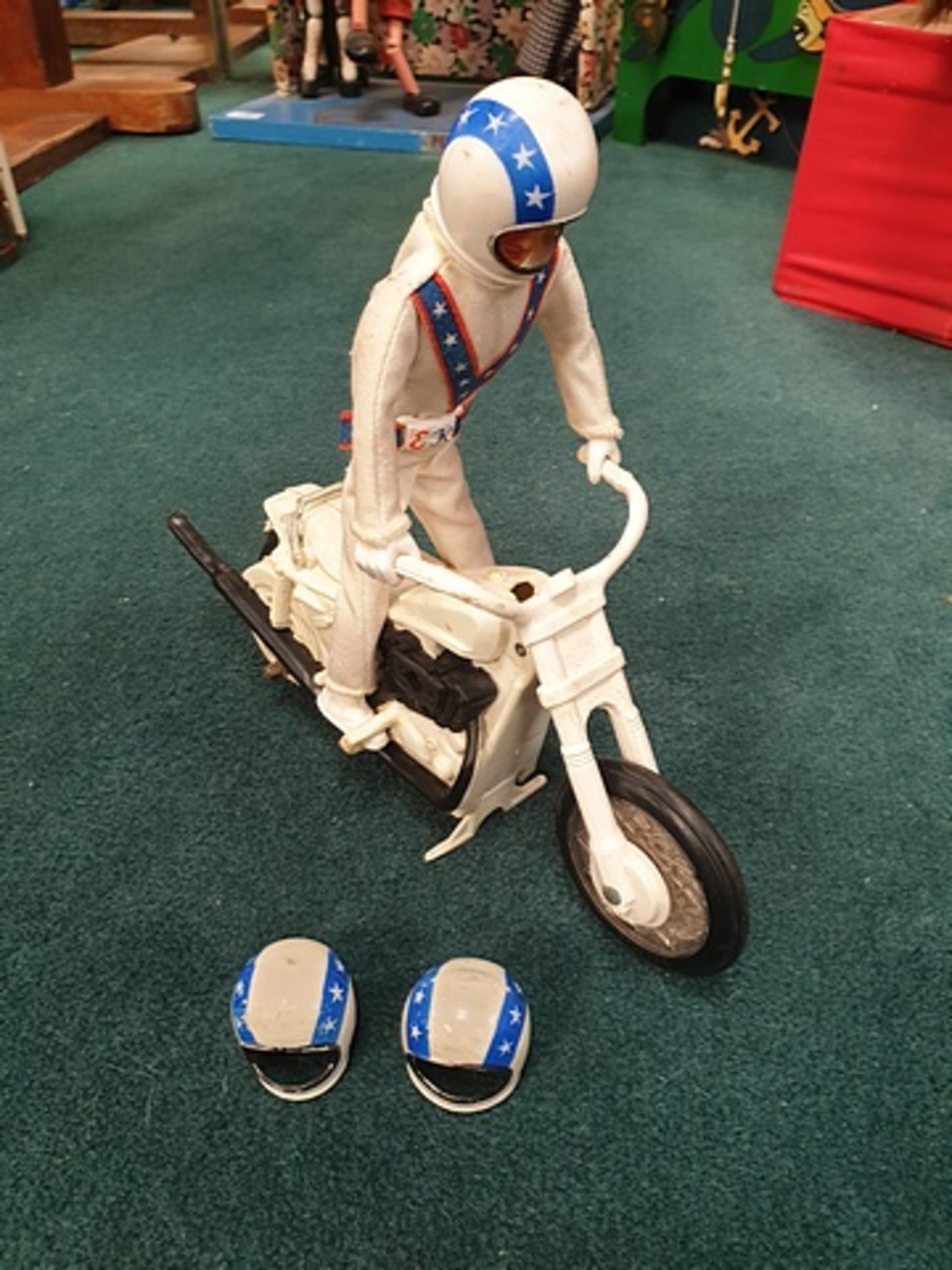 Ideal Toys 1970s Evel Knievel Stunt Cycle Without Wind Up Launcher With Two Spare Helmets